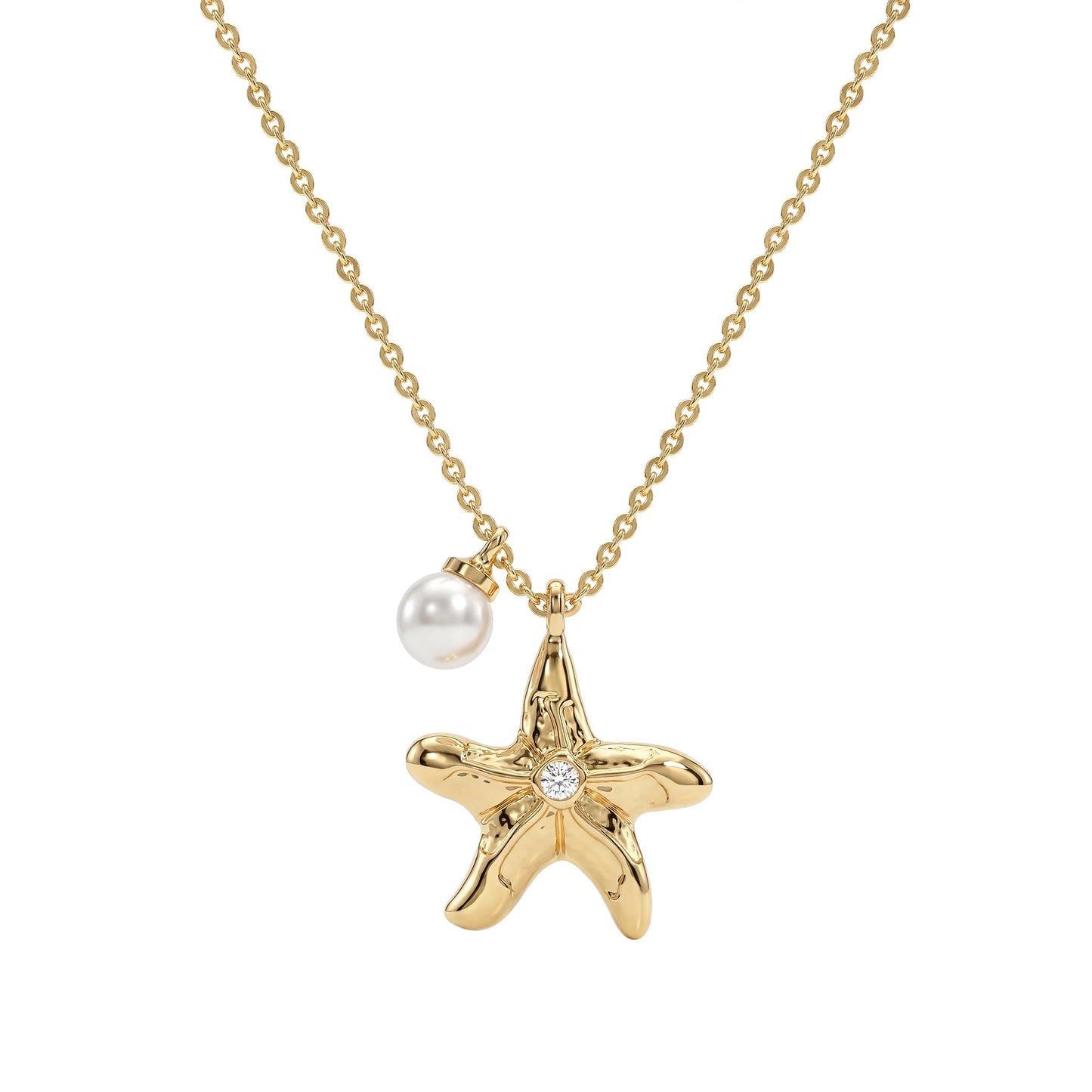 MEVECCO Dainty Gold Starfish Pearl Pendent Necklace for Women 18K Gold Plated Beach Cute Starfish Necklace Pearl Boho Handmade Ocean jewelry