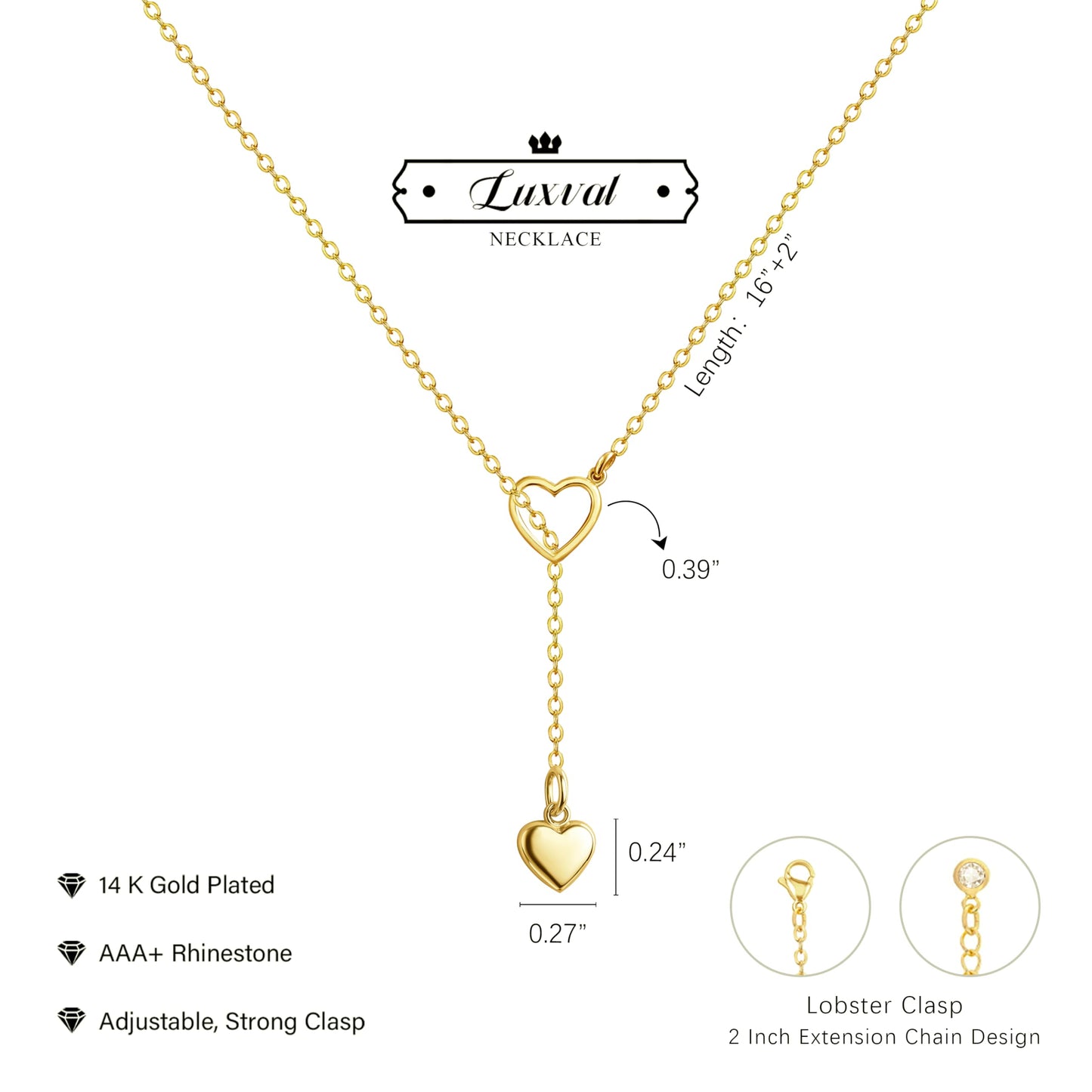 Luxval Gold Necklace for Women Trendy 14k Gold Plated Lariat Y Necklace Dainty Heart Necklaces Long Necklaces for Women Drop Y-Shaped Chain Jewelry Gift Wedding