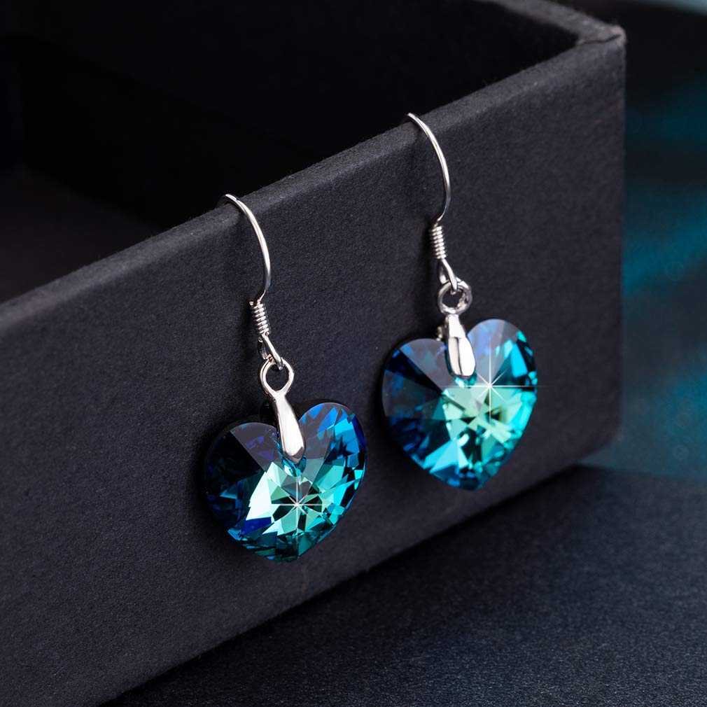 Austrian Crystal Heart Drop Dangle Earrings for Women 925 Sterling Silver Hook Hypoallergenic Earring (Bermuda Blue)