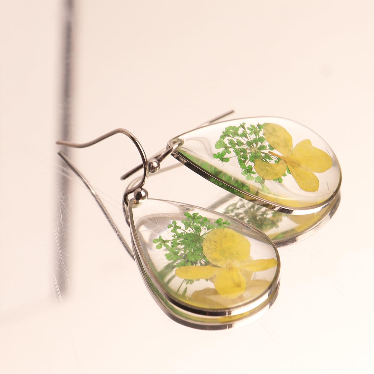 JeanBeau Handmade Pressed Flower Earrings for Women, Unique Resin Nature Dried Flowers Sterling Silver Teardrop Dangle Drop Statement Yellow Lime Green Floral Earings Fashion Summer Jewelry Gift