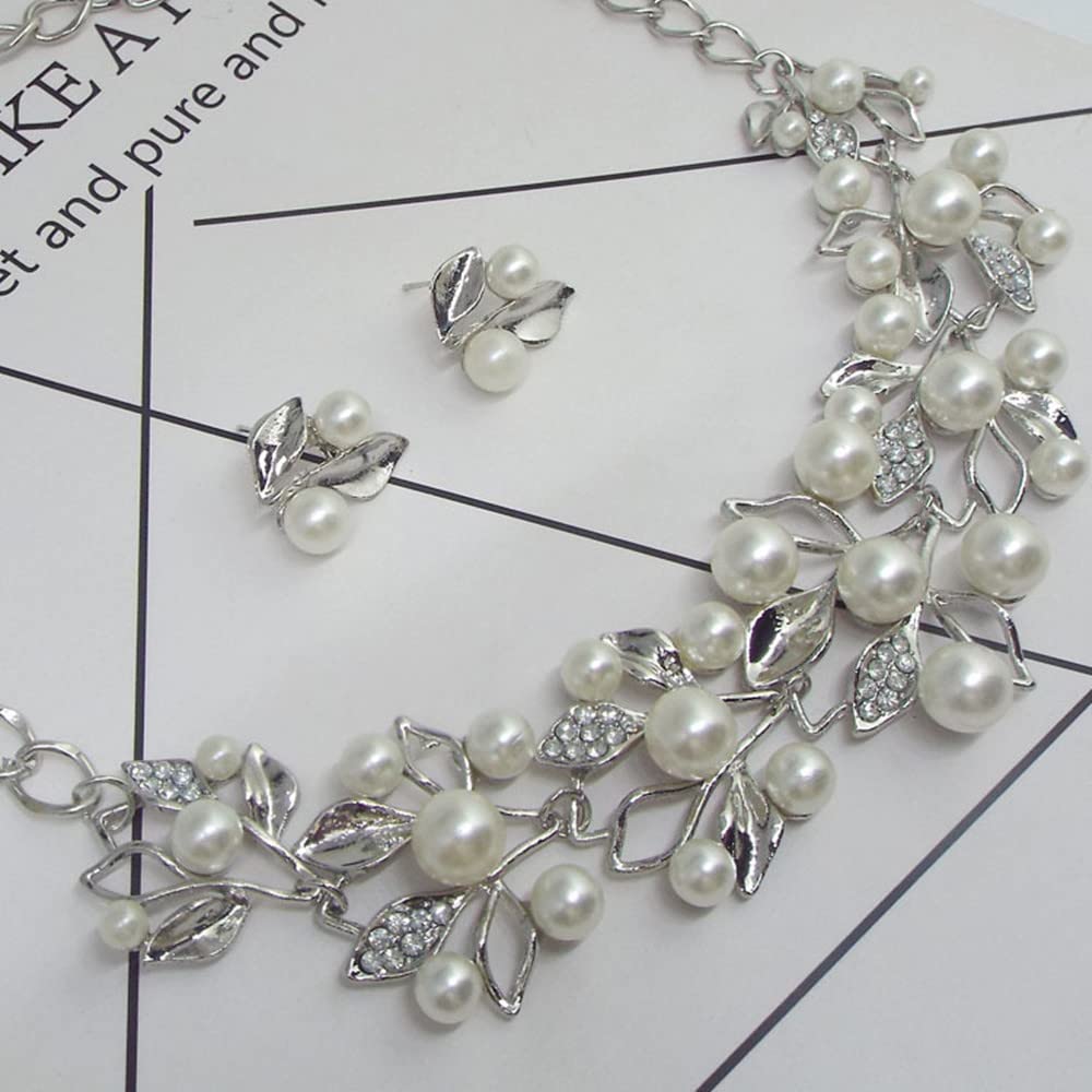 tenghong2021 Fashion Classic Faux Pearl Jewelry Set Necklace Bracelet Earrings for Women Best Gift (White leaf)