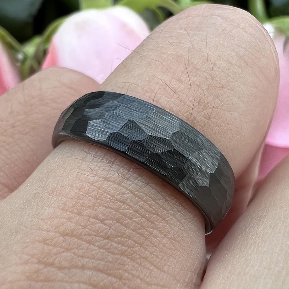 TUTISS 6mm Black Hammered Tungsten Carbide Rings for Men Women Engagement Wedding Bands Domed I Love You Engraved Comfort Fit Size 8