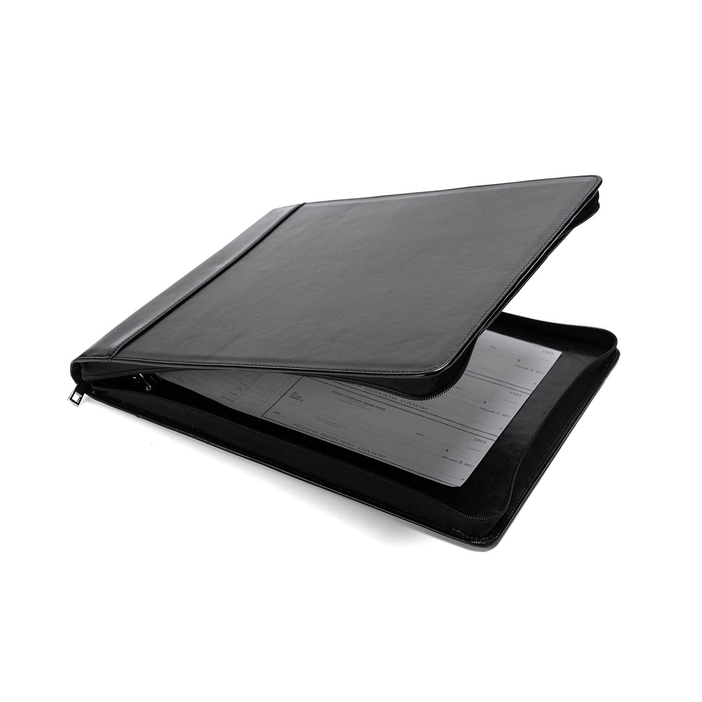 Geslun 7 Ring Check Binder, Vegan Leather Business Checkbook Cover Holder, 3-On-A-Page for 600 Checks (9 x 13”), Desk Commercial Cheque Zippered Folder, Black