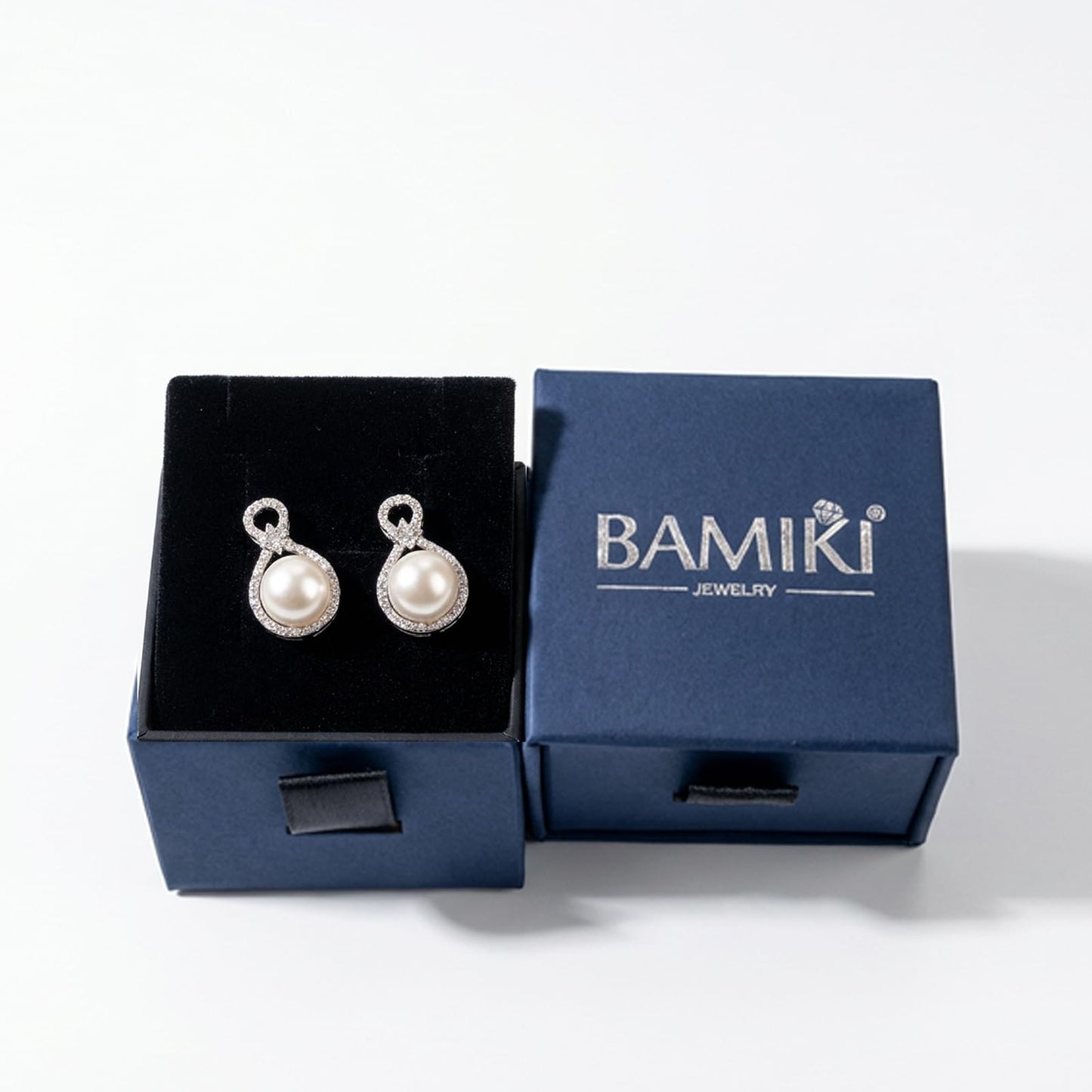 BAMIKI S925 Sterling Silver Infinity Pearl Earrings Stud for Women, Genuine Quality 8-8.5mm Round Akoya Cultured White Pearls, Hypoallergenicity Jewelry Gifts for Mother Wife Bridal