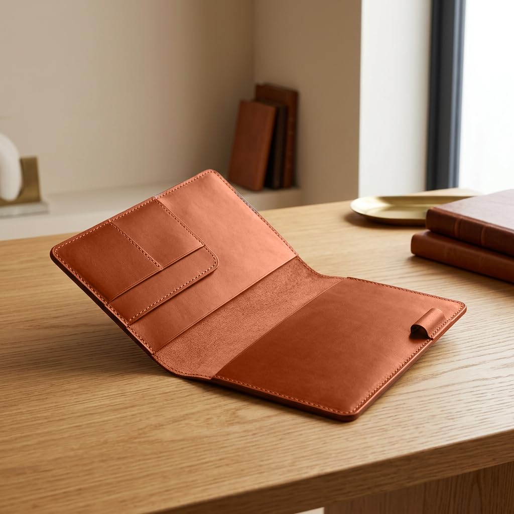 TORAKIP Leather Notebook Cover A5 – Refillable Journal Cover with Card Pockets & Pen Holder, Fits 5.8" x 8.3" Notebooks, Leather Planner Organizer for Work & Travel (Paper Not Included), Warm Brown