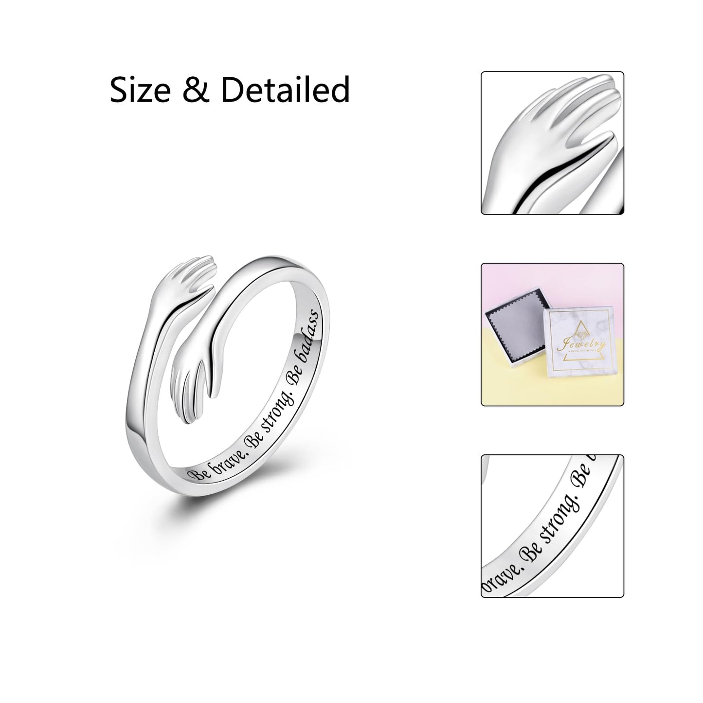 ACJFA Hug Rings for Women Sterling Silver Adjustable Ring for Women Daughter Hand Ring Jewelry for Birthday Gifts Holiday Gift (Be brave. Be strong. Be badass)