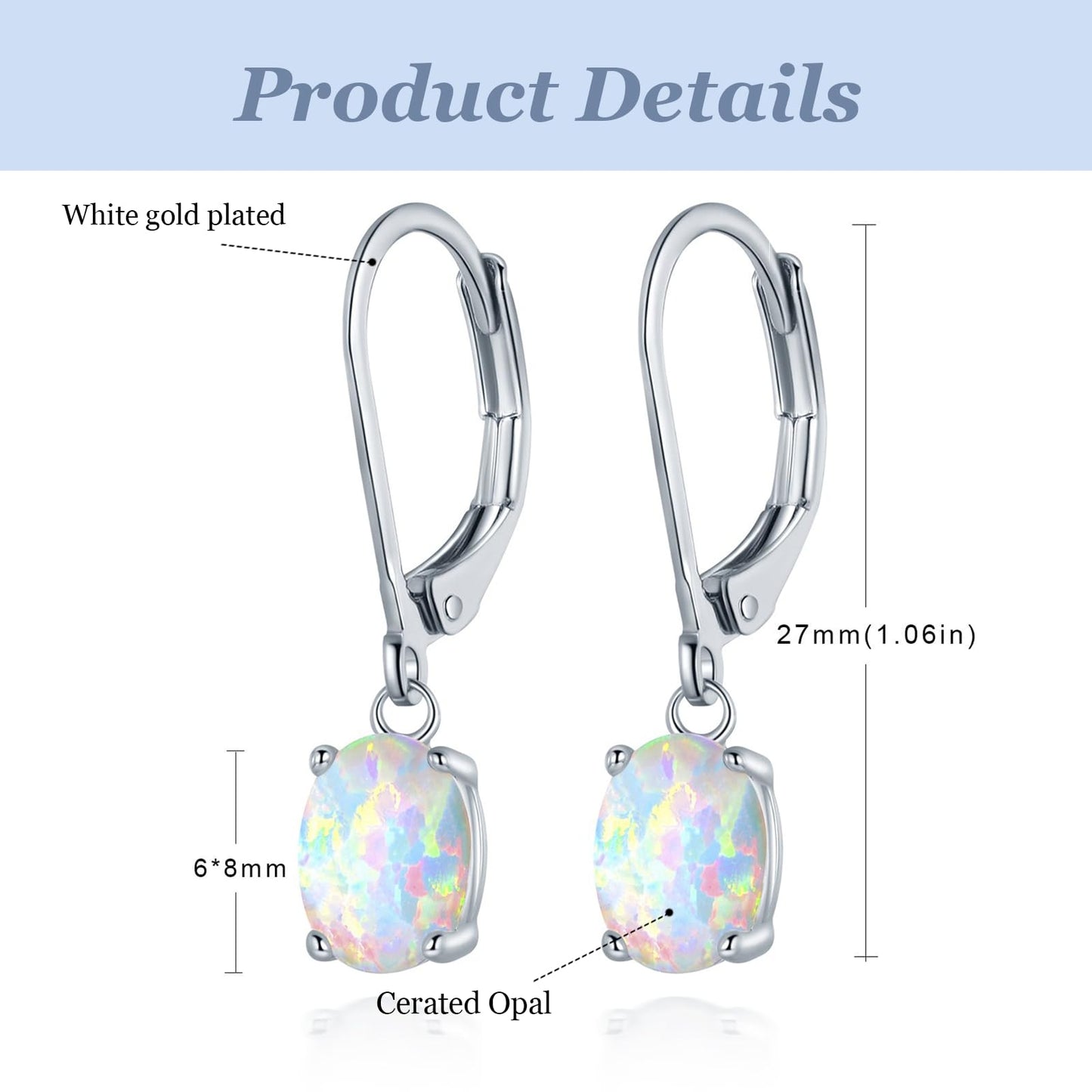 Gemsme Opal Dangle Earrings,18K White Gold Plated Gemstone Opal Leverback Earrings for Women Hypopallergenic Jewelry