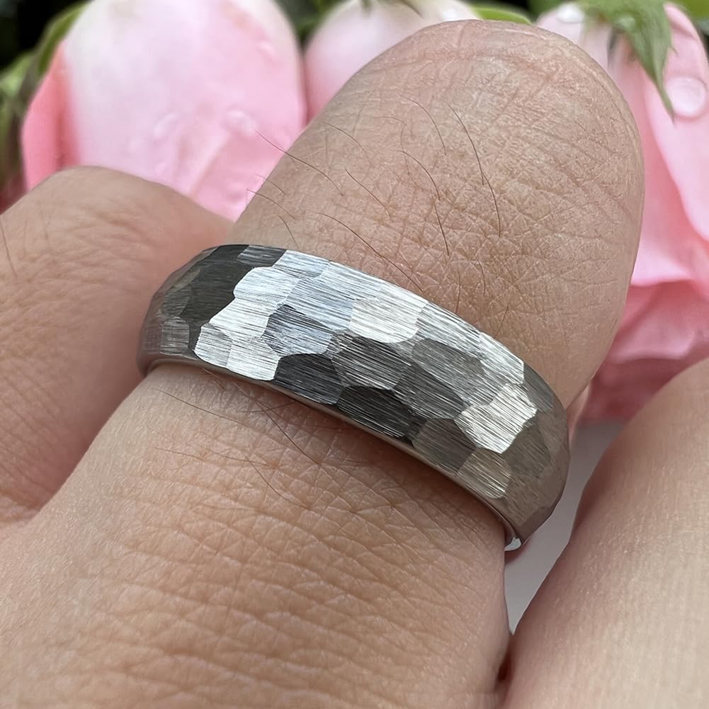 TUTISS 6mm Hammered Tungsten Rings for Men Women Fashion Engagement Wedding Bands Domed Matte Finish Comfort Fit Size 10