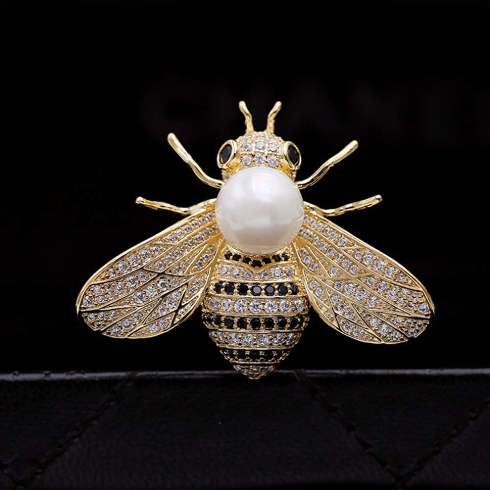 Honey Bee Brooches Crystal Insect Themed Bee Brooch Animal Fashion Shell Pearl Brooch Pin 14K Gold Plated (white pearl)