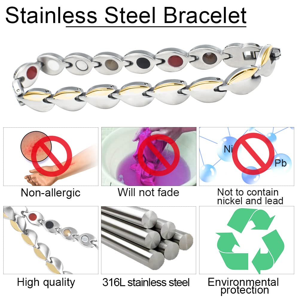 KYOSI Magnetic Bracelets for Women Stainless Steel Womens Magnet Bracelet Leaf Shape Fashion Christmas Gift (Silver&Gold, 7.87 inches)