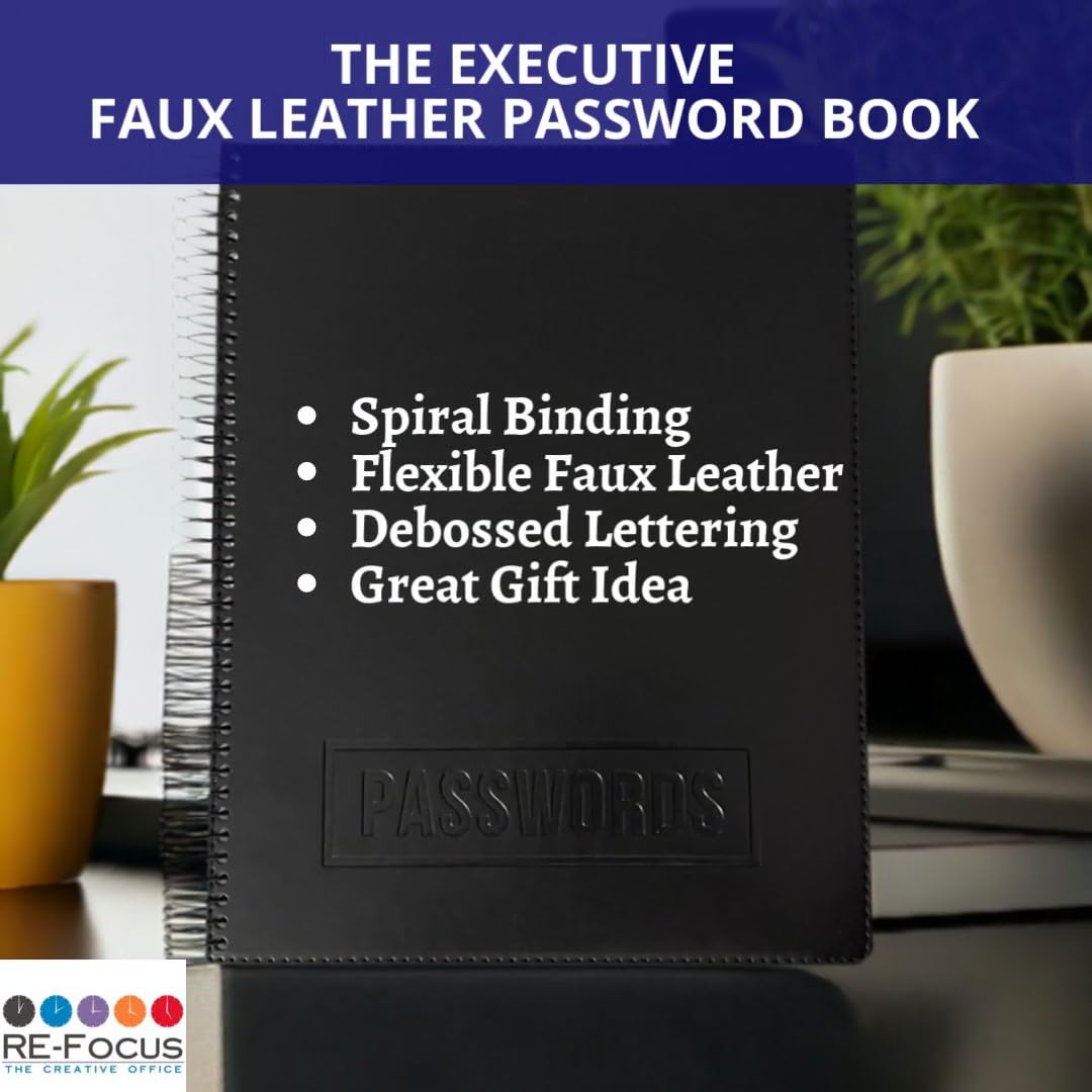 RE-FOCUS THE CREATIVE OFFICE, Executive Password Keeper Book, Black, Flexible Faux-Leather Cover, Spiral Bound