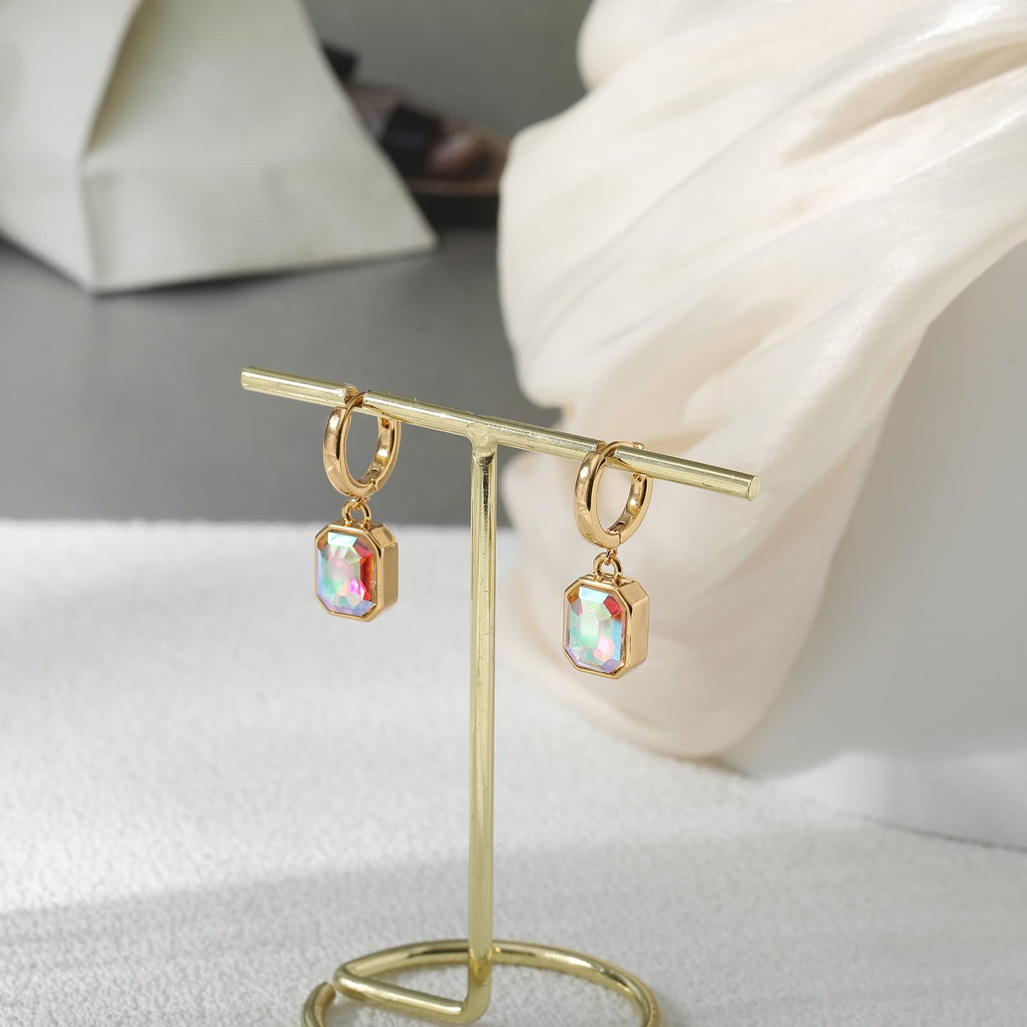 Birthstone Crystal Dangle Drop Earrings, 18K Gold Plated Huggie Hoop Hypoallergenic Earring Jewelry Gifts for Women (Aurora Borealis)