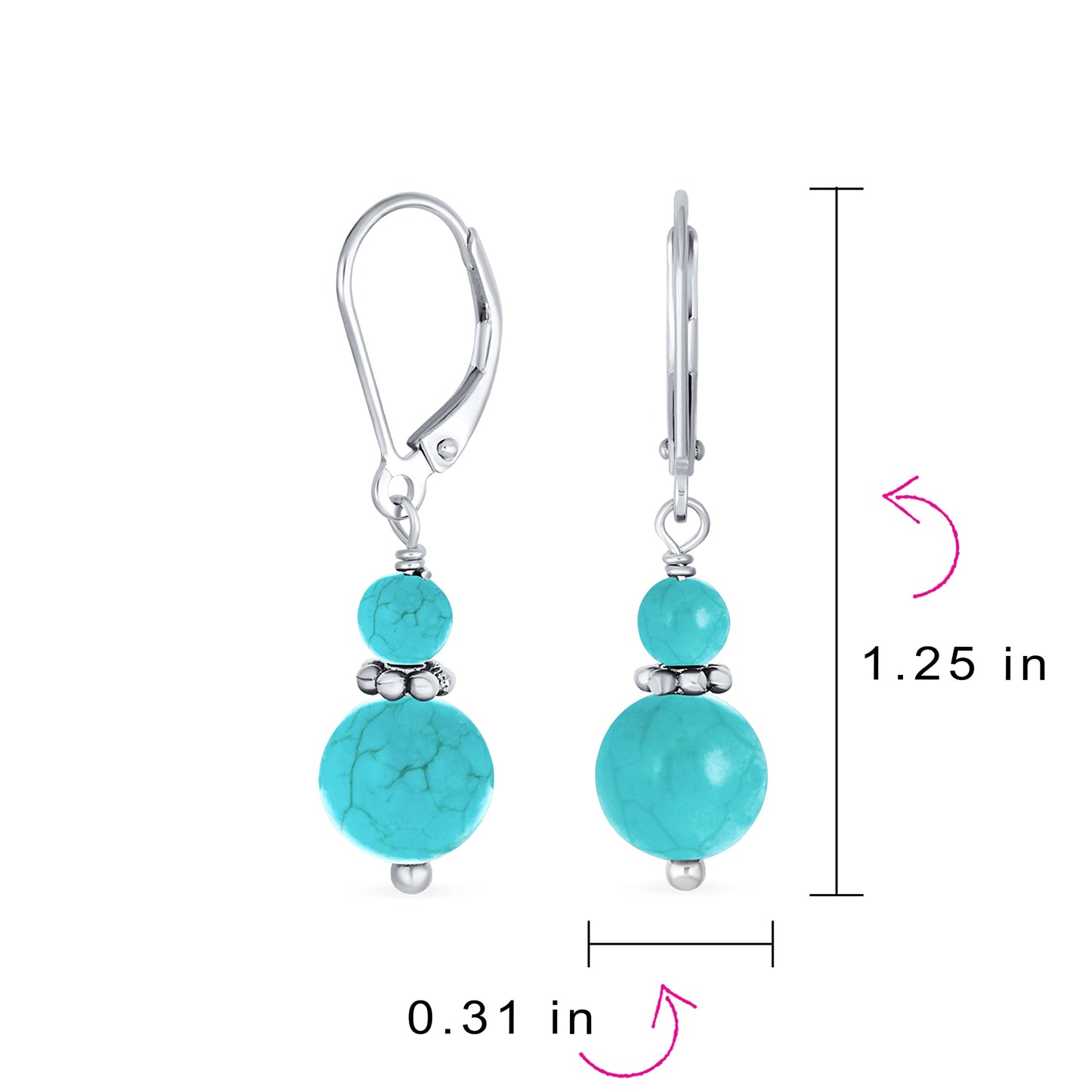 Bling Jewelry Bali Style .925 Sterling Silver Blue Turquoise Bead 3MM & 8mm Balls Drop Earrings Milgrain Rondel Separator Lever Back Genuine Gemstone