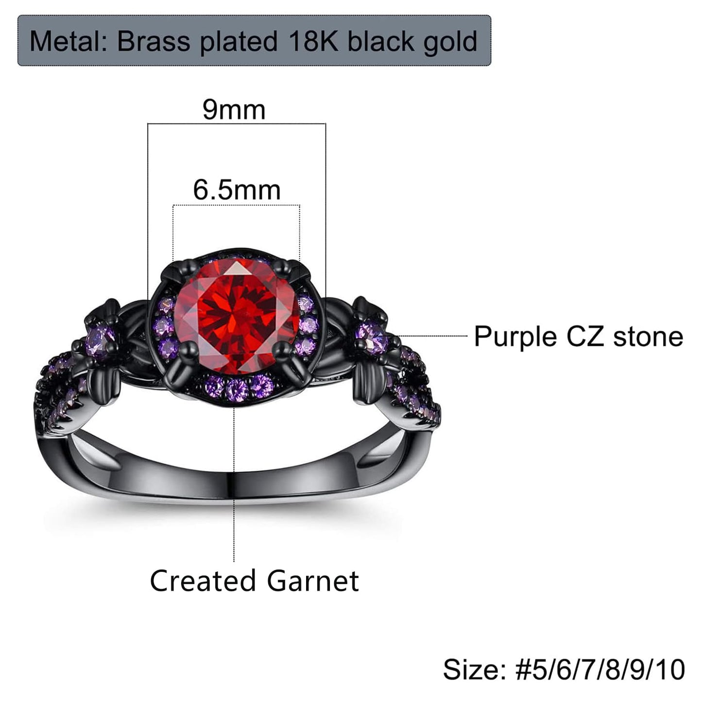 Vintage Black Gold Plated Ring with Created Garnet Gemstone, Purple CZ Accents, Wedding Engagement Band, Sizes 5-10 (9)