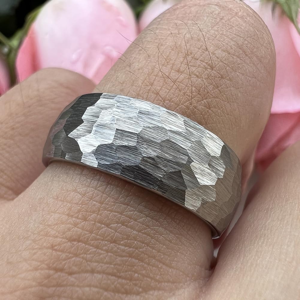 TUTISS 8mm Hammered Tungsten Carbide Rings for Men Women Engagement Wedding Bands Domed I Love You Engraved Comfort Fit Size 7