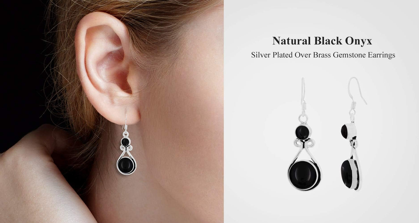 Natural Black Onyx Silver Plated Dangle Earrings for Women - July Birthstone Round Gemstones Drop Earrings Handmade Jewelry - Birthday Gift for Best Friend