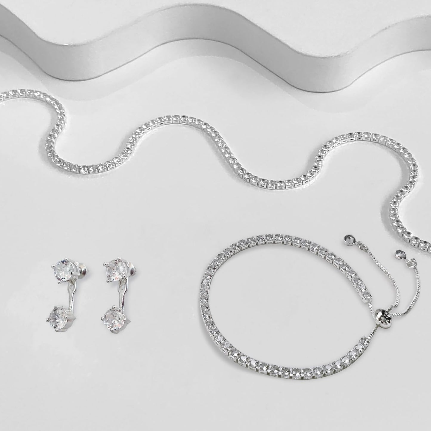 LULII Tennis Necklace Set for Women Dainty Sterling Silver Necklace and Earring Sets Diamond Stud Earrings Crystal Bracelets for Women Silver Jewelry Sets for Bride Wedding Gift