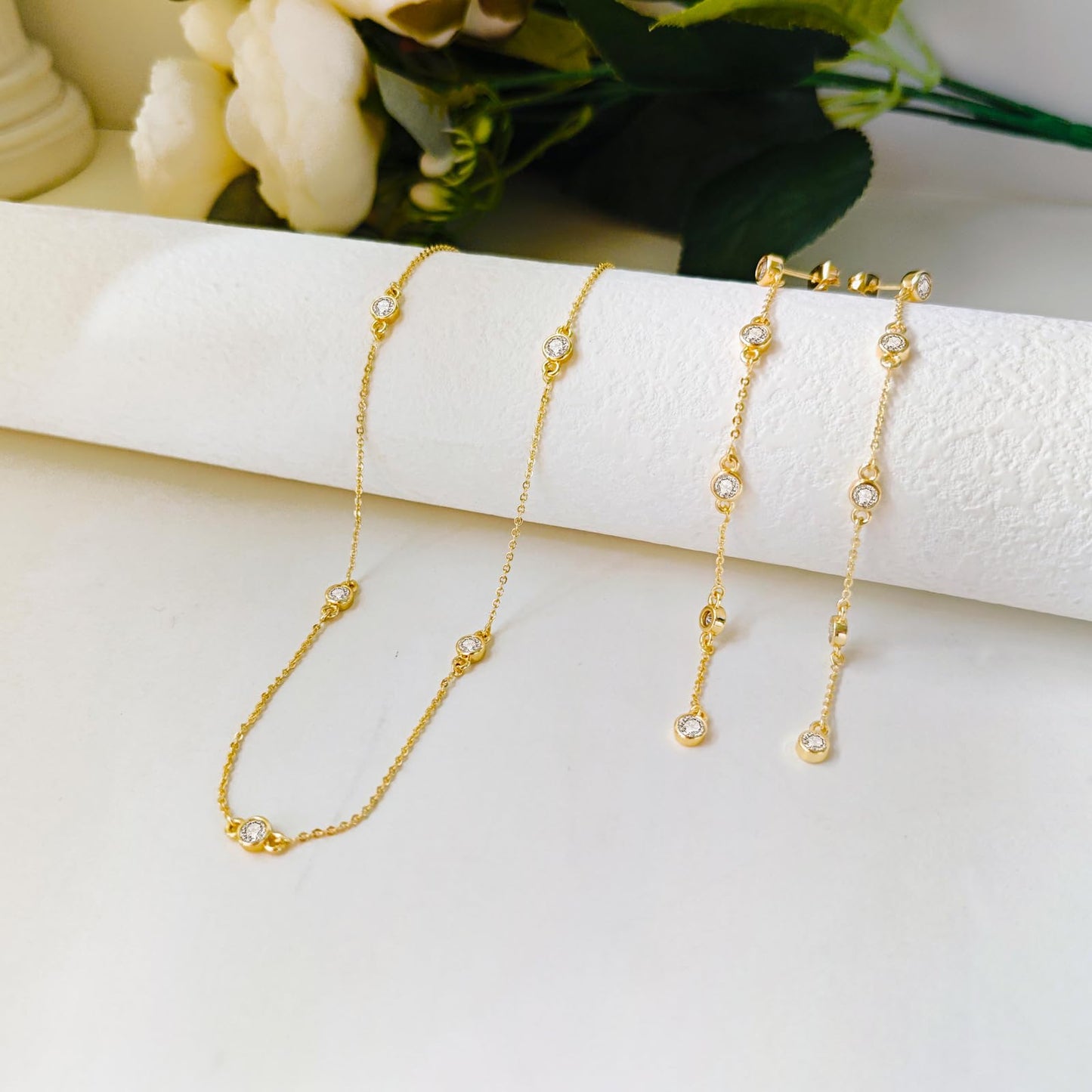 LULII Gold Jewelry Set for Women Dainty 14K Gold Plated Diamond CZ Chain Necklace and Earring Set with Drop Earrings Bracelets Gold Necklace Wedding Jewelry Gift