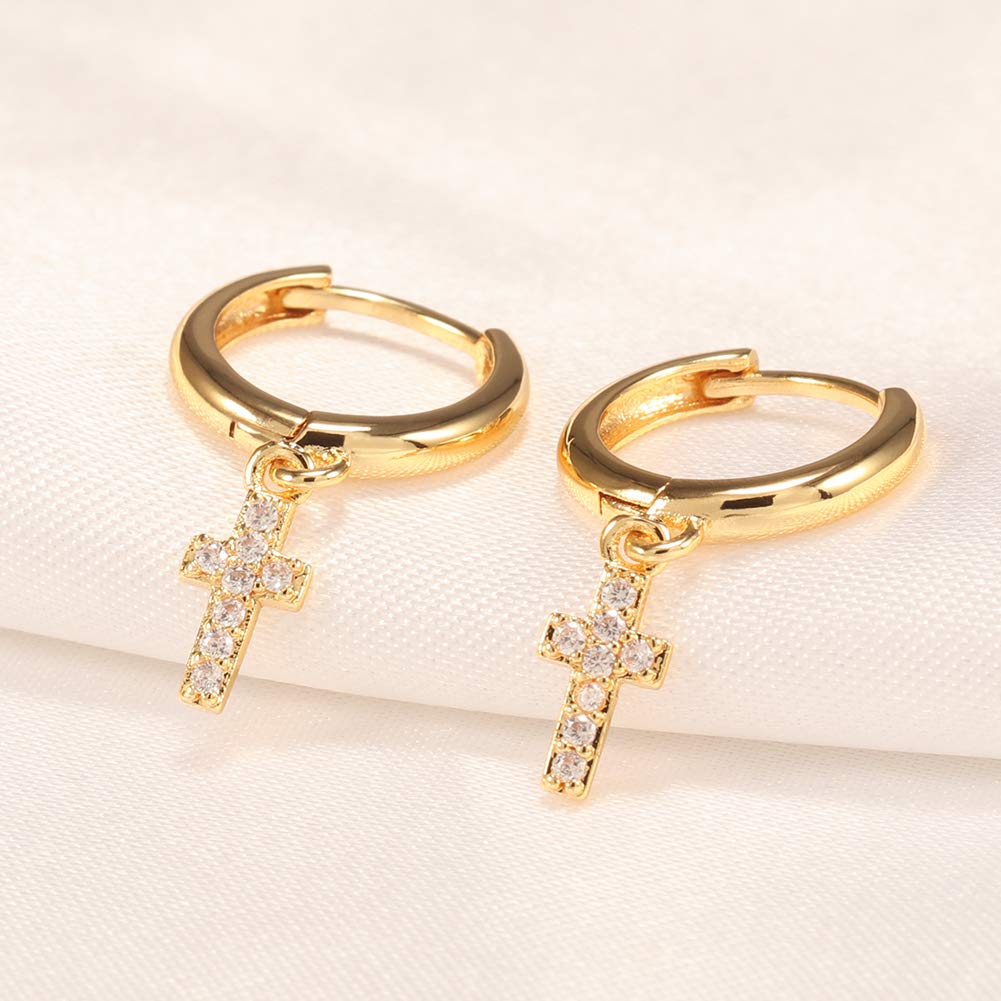 Small Hoop Cross Dangle Drop Hoop Earrings With Small Charm for Women