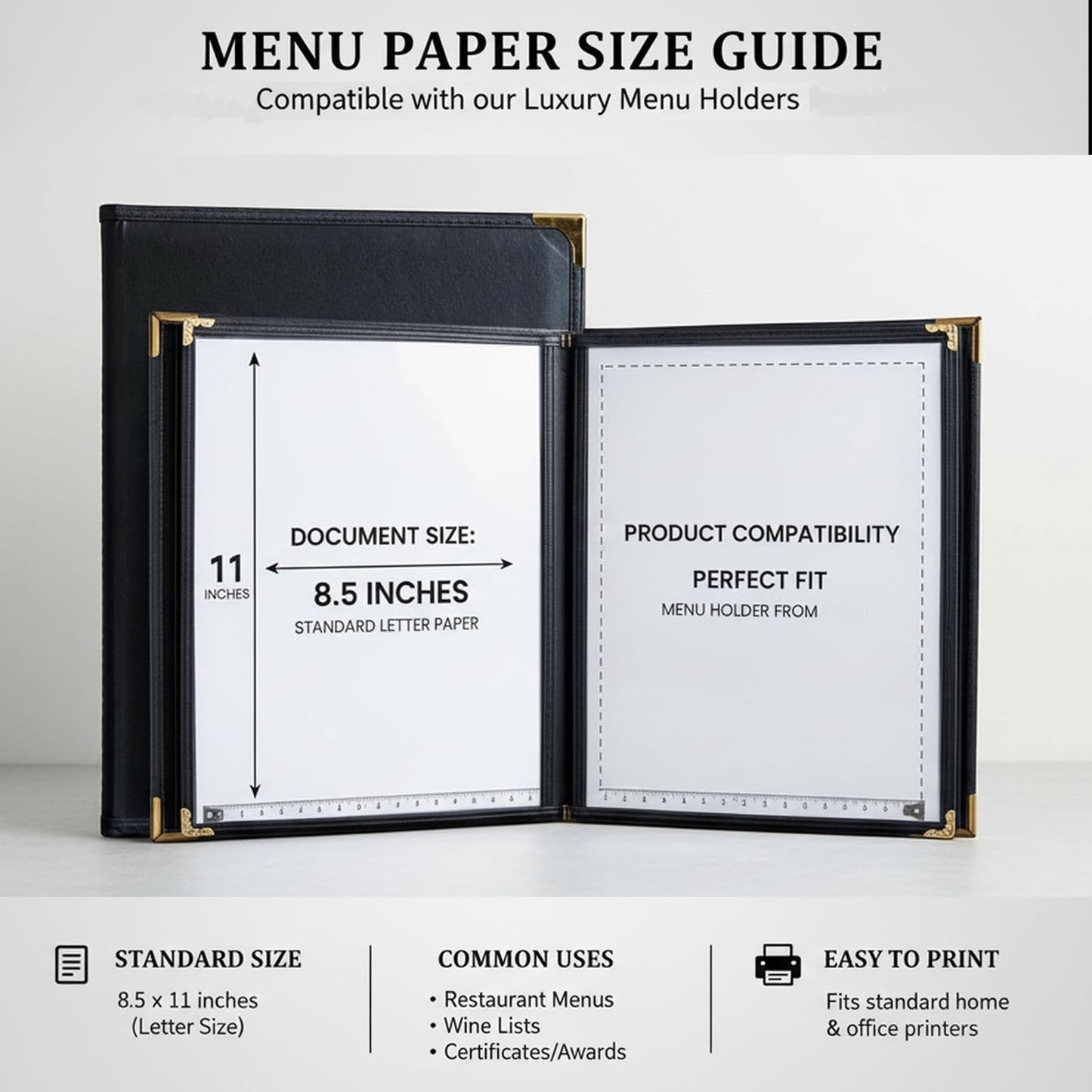 2-Pack Menu Covers for Restaurant 8.5x11 Inch, Black Faux Leather Menu Holder with 2 Pages (4 Views), Wine List & Dinner Menu Book for Bar Hotel Café