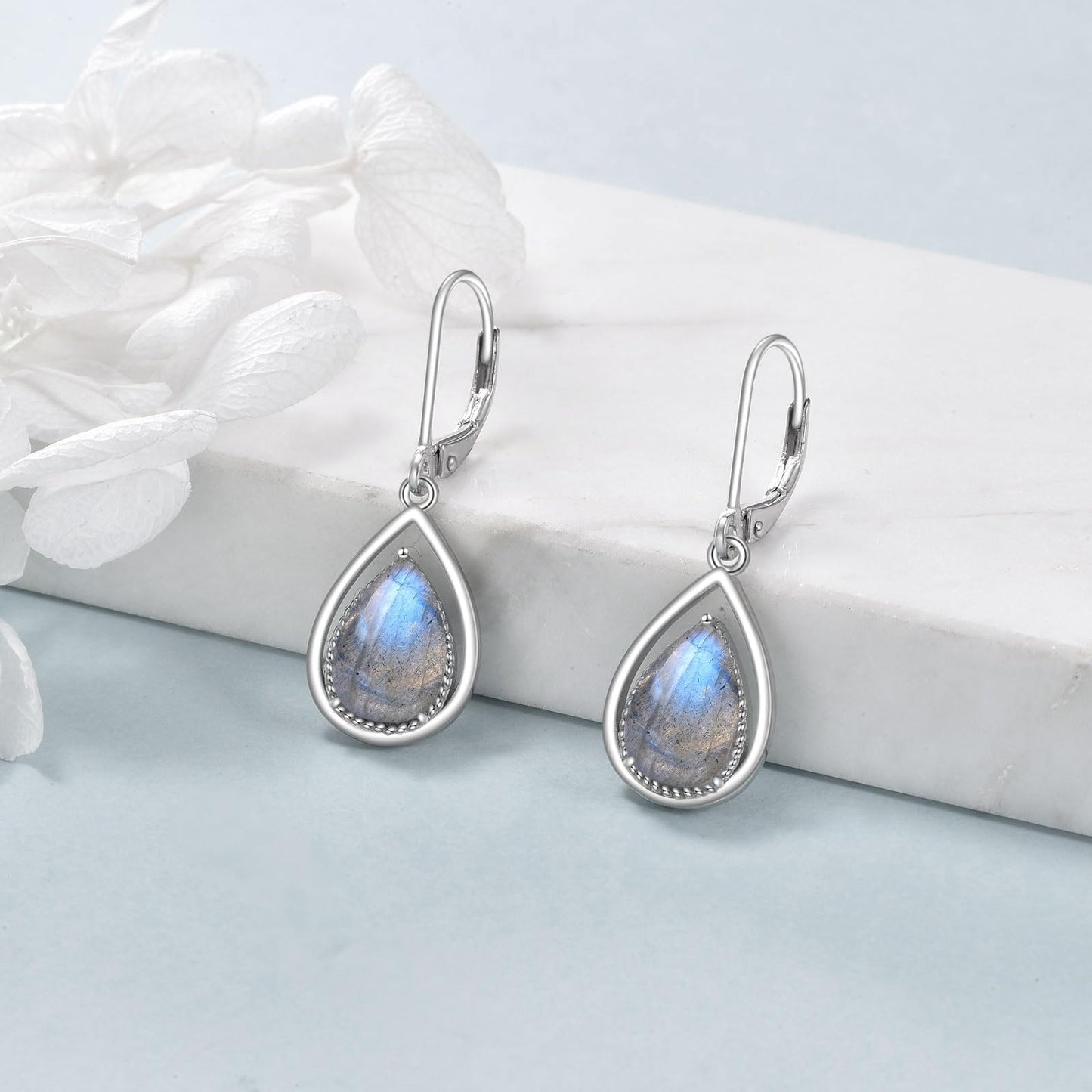 VONALA Labradorite Earrings 925 Sterling Silver Labradorite Leverback Earrings Teardrop Dangle Dangling Earrings Jewelry Gift for Women