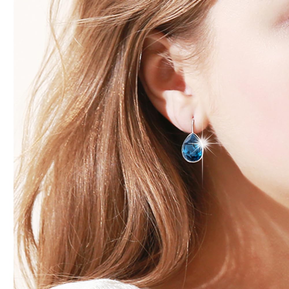 Xuping Jewelry Huggies Crystal Teardrop Earring for Women Crystals Leverback Silver Earrings Fashion Jewelry Gifts (Navy Blue)