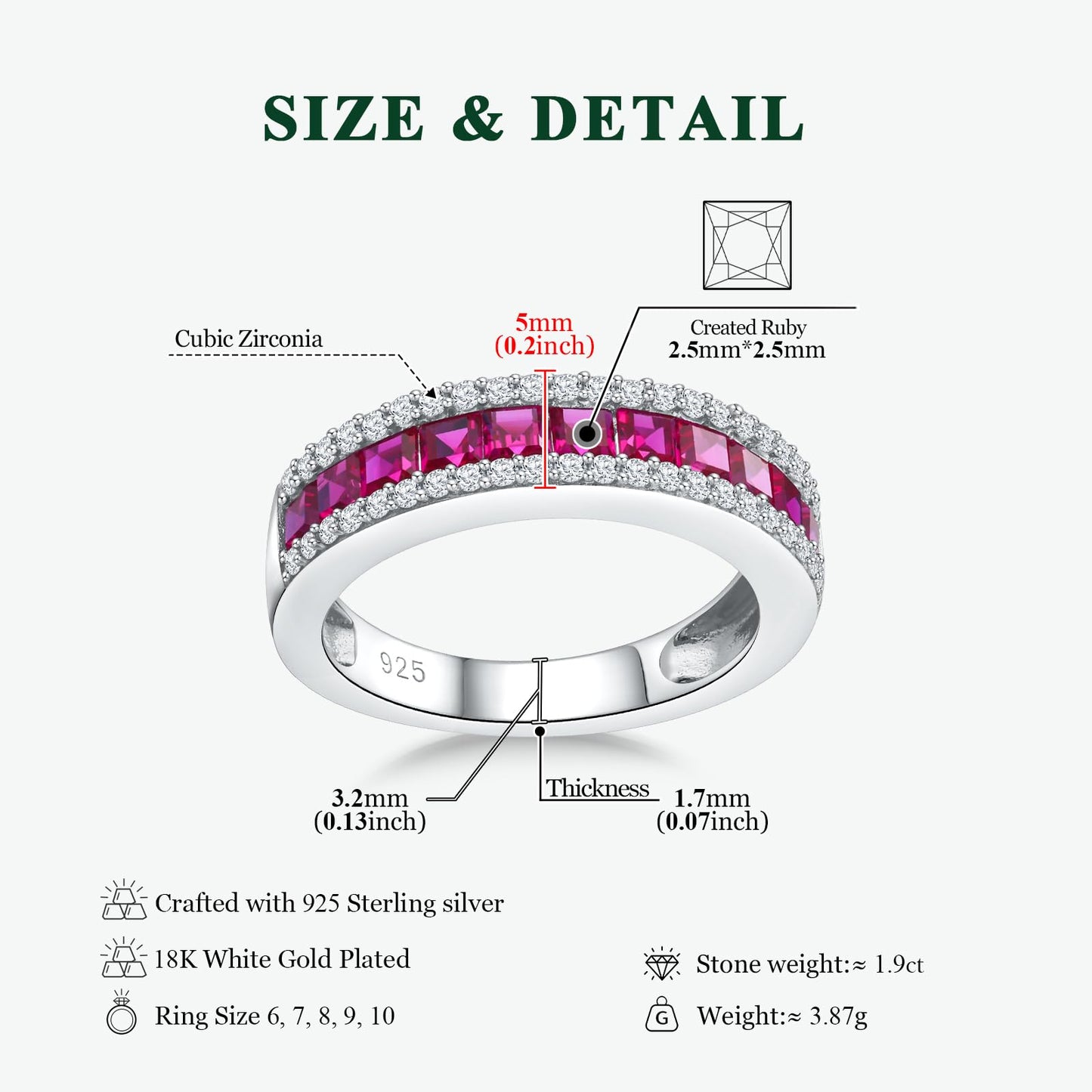 RANDES Ruby Ring Eternity Band Thick Wedding Bands for Women 925 Sterling Silver Red Stone Ring Channel Set Anniversary Band Size 8.5
