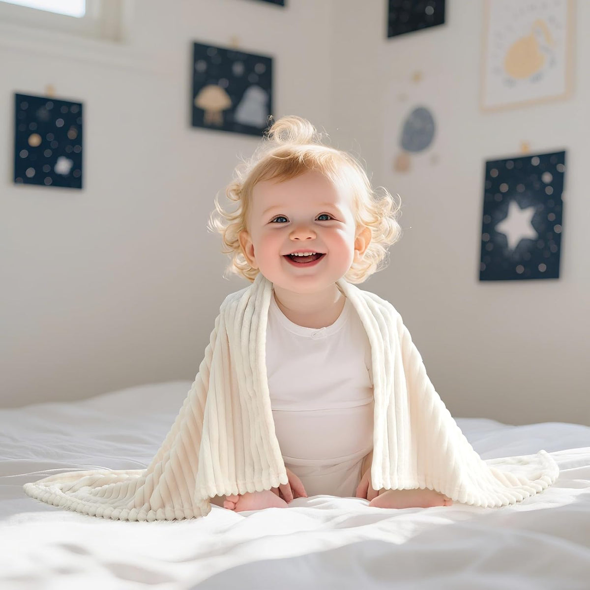Skiennix Soft Fleece Baby Blanket - Ultra Cozy & Lightweight Reversible Stripes | 30x40 Inch, Cream