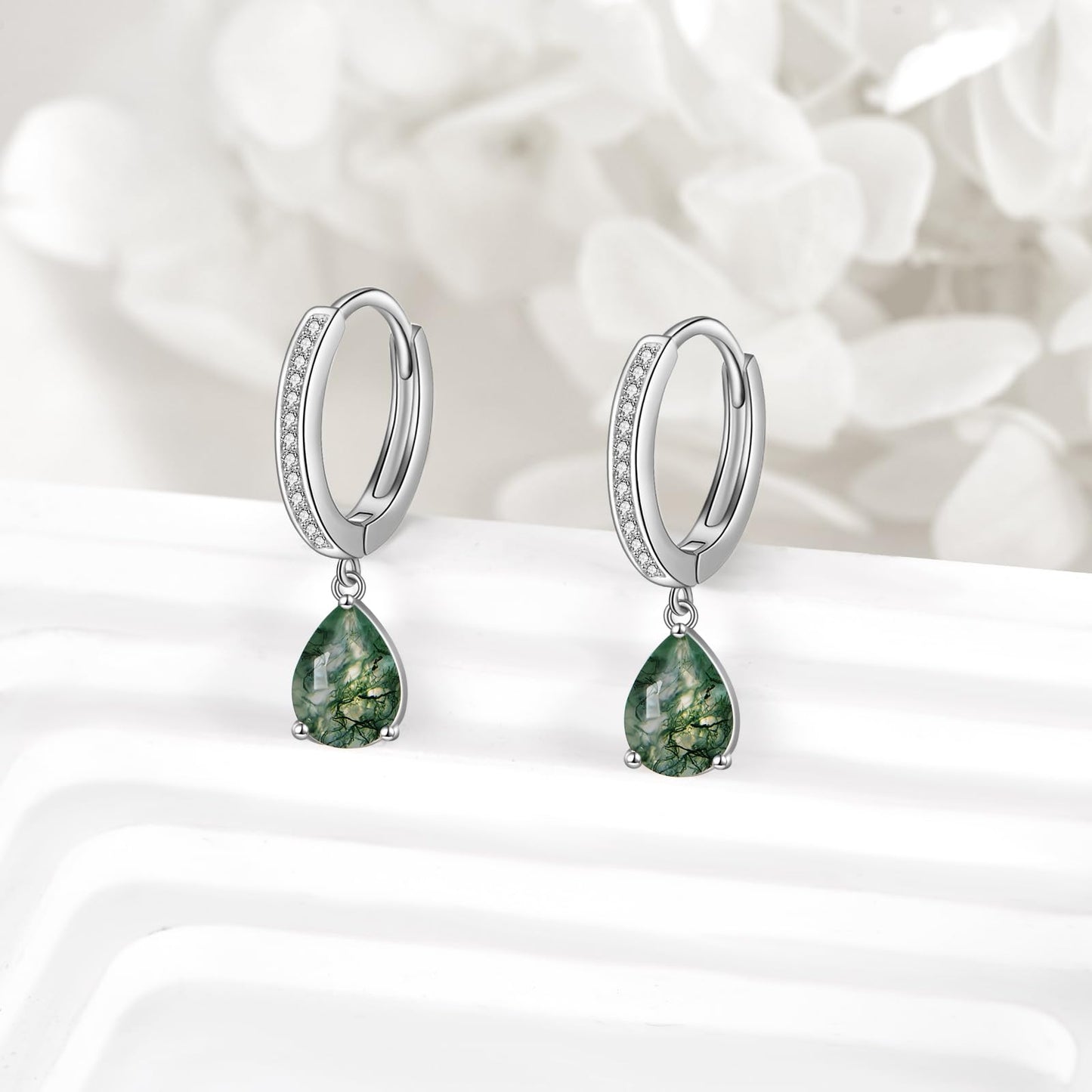 VONALA Moss Agate Earrings 925 Sterling Silver Teardrop Drop Dangle Earrings Zircon Hoop Earrings Agate Jewelry Gift for Women