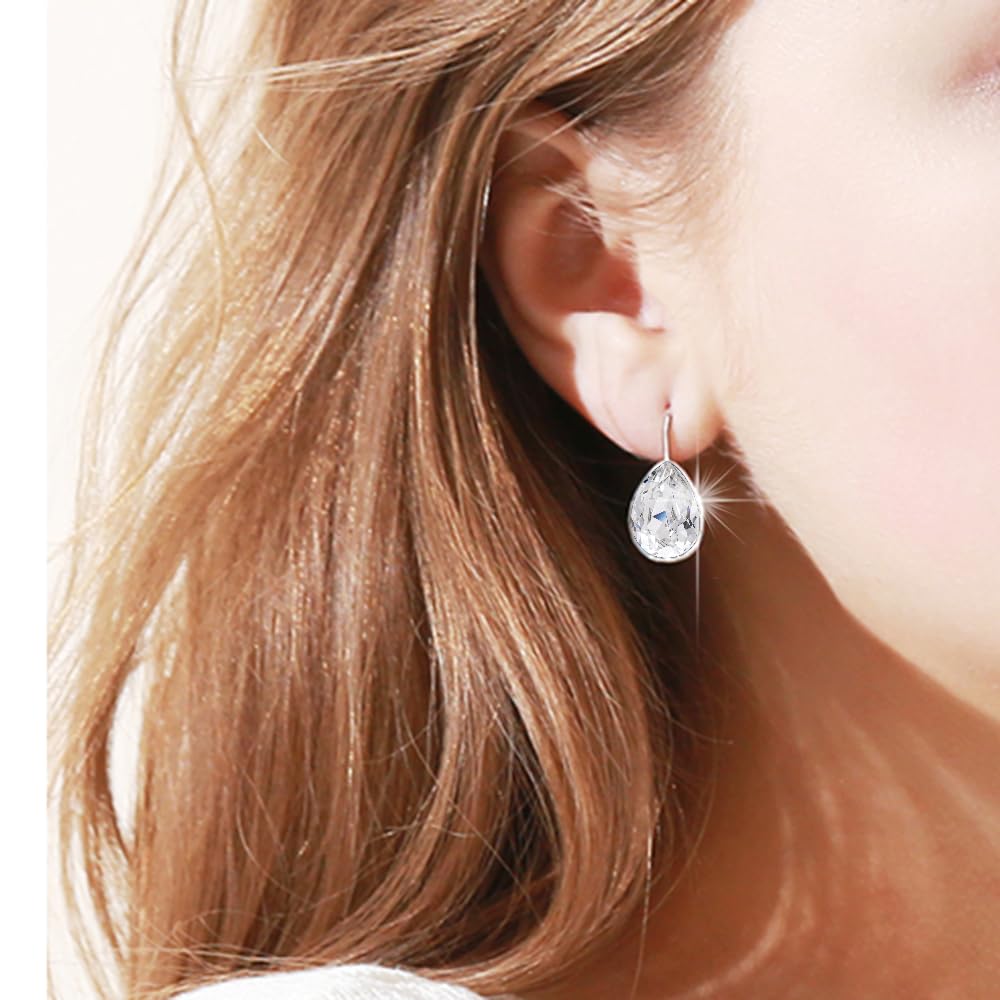 Xuping Jewelry Huggies Crystal Teardrop Earrings for Women Clear Crystals Leverback Silver Earring Fashion Party Jewelry Gifts (White)