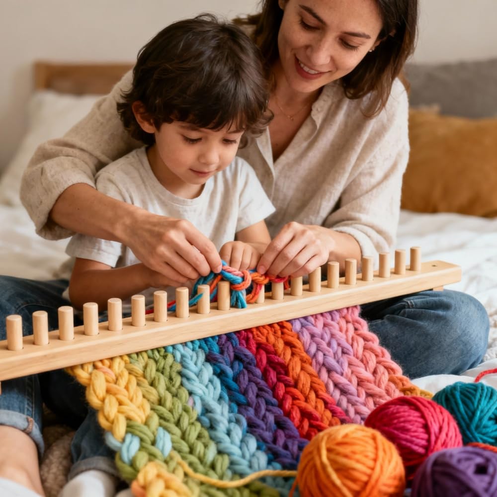Anpyxun 20-48 Inch Adjustable Chunky Blanket Loom, Multi-Size Beginner-Friendly Wooden Knitting Kit for Blankets, Snag-Free Frame for Large DIY Yarn Projects
