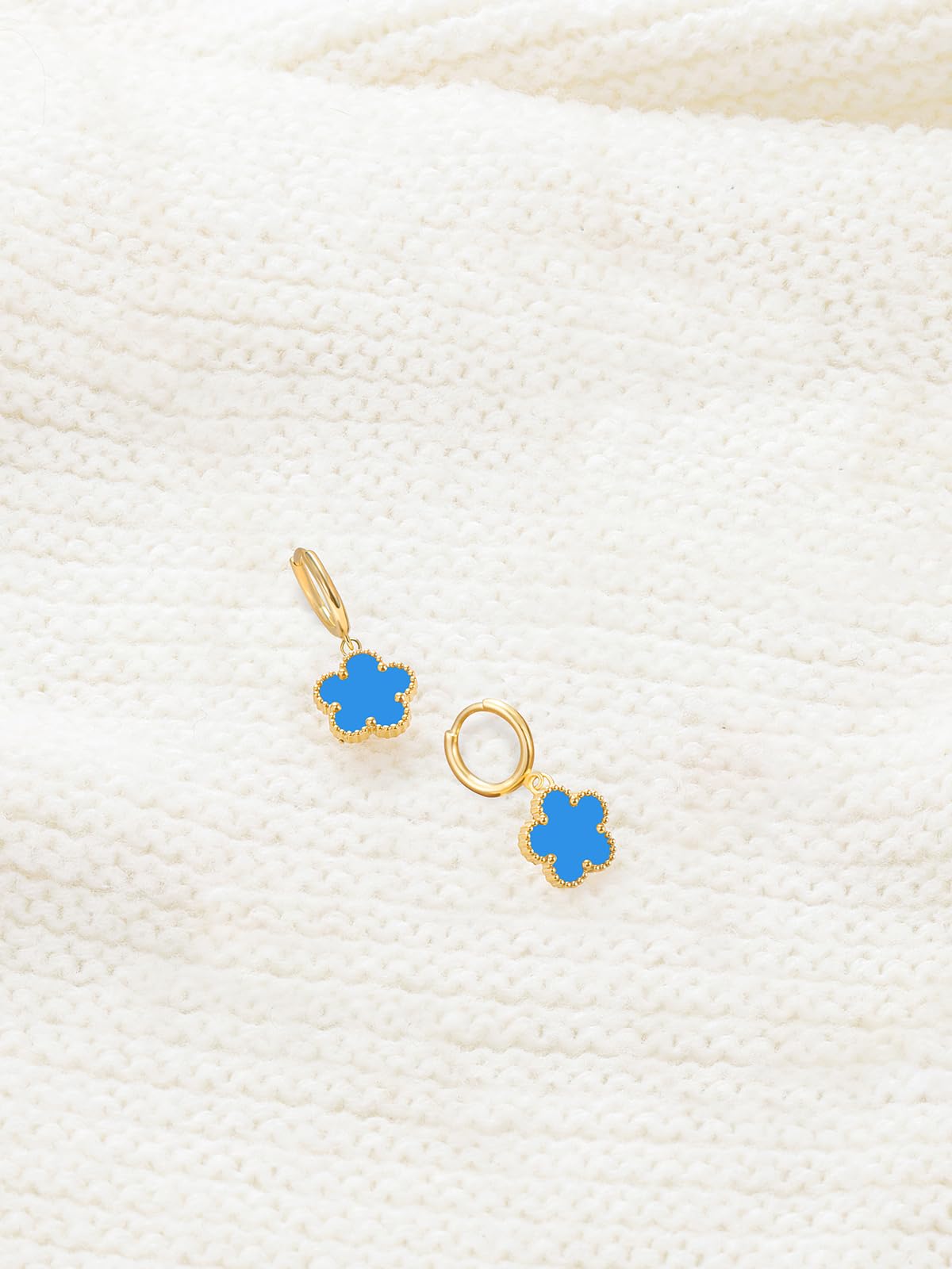 Gold Plated Five Leaf Clover Dangle Earrings for Women Lucky Flower Jewelry (Blue-14K Gold Plated)