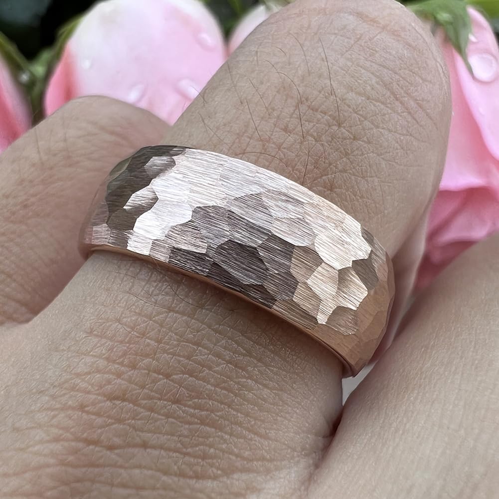 TUTISS 8mm Rose Gold Hammered Tungsten Rings for Men Women Engagement Wedding Bands Domed Matte Finish Comfort Fit Size 15