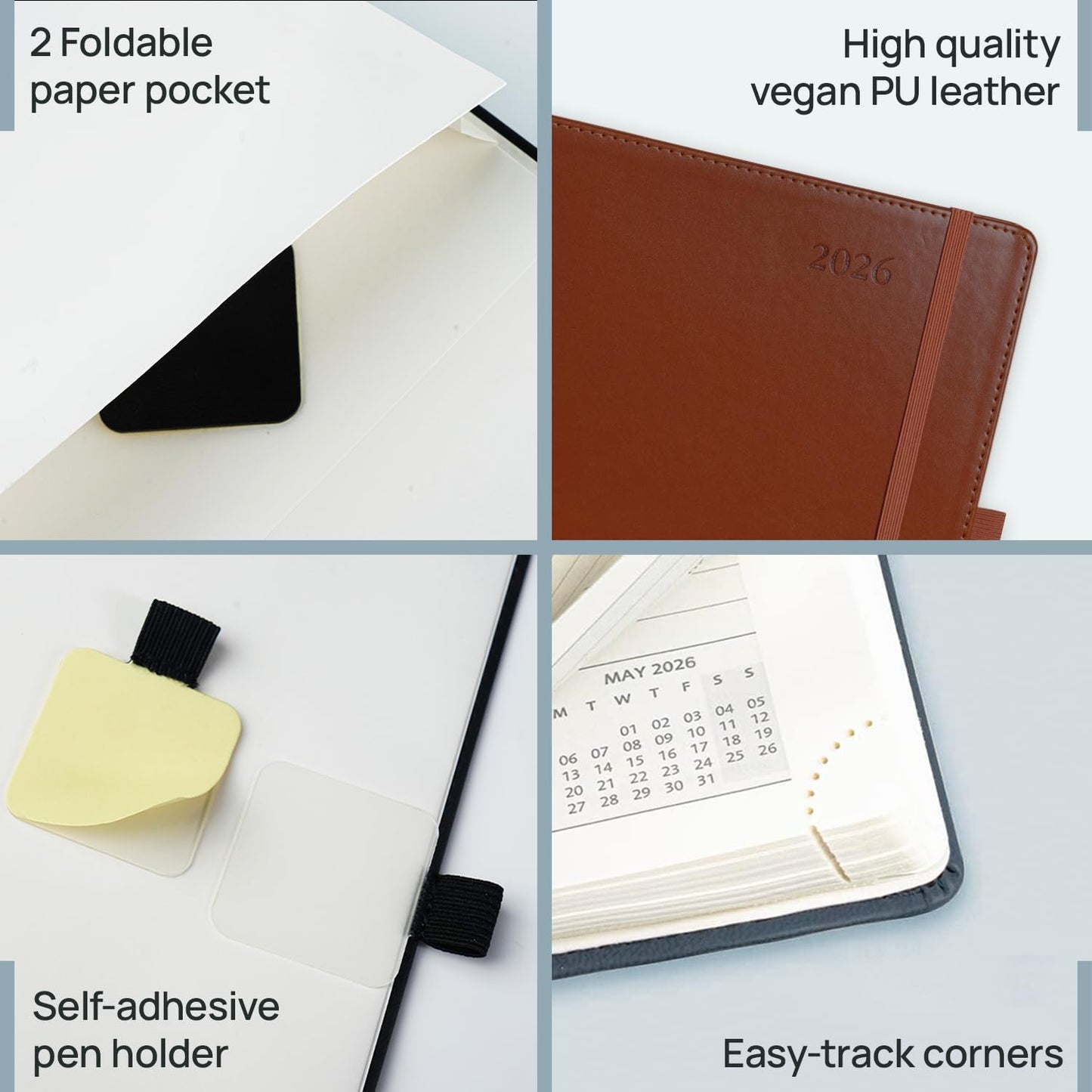 POPRUN Monthly Planner 2026-2027 (Large-8.25'' x 11.75''), 16 Months Calendar (Dec 2025-Mar 2027) Appointment Book with Stair Tabs, Inner Pockets, Pen Holder, PU Leather Softcover - Black