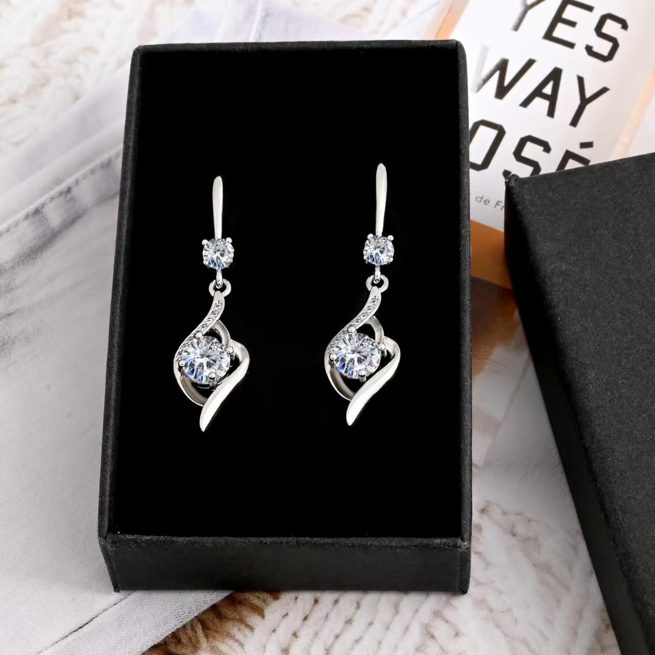 Heart Cubic Zirconia Drop Dangle Earrings-925 Sterling Silver with White Crystals-Long Birthstone Jewellery for Women