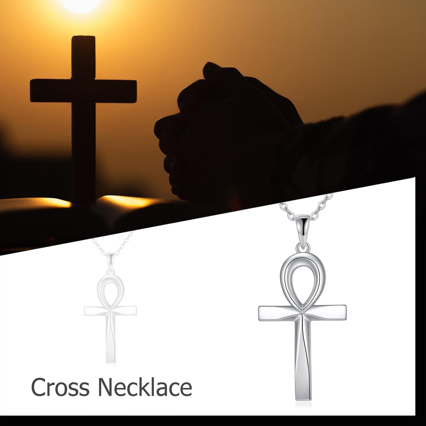 ONEFINITY Ankh Cross Pendant Necklace Sterling Silver Origami Cross Pendant Gifts for Women Men Jewelry (Ankh Cross)