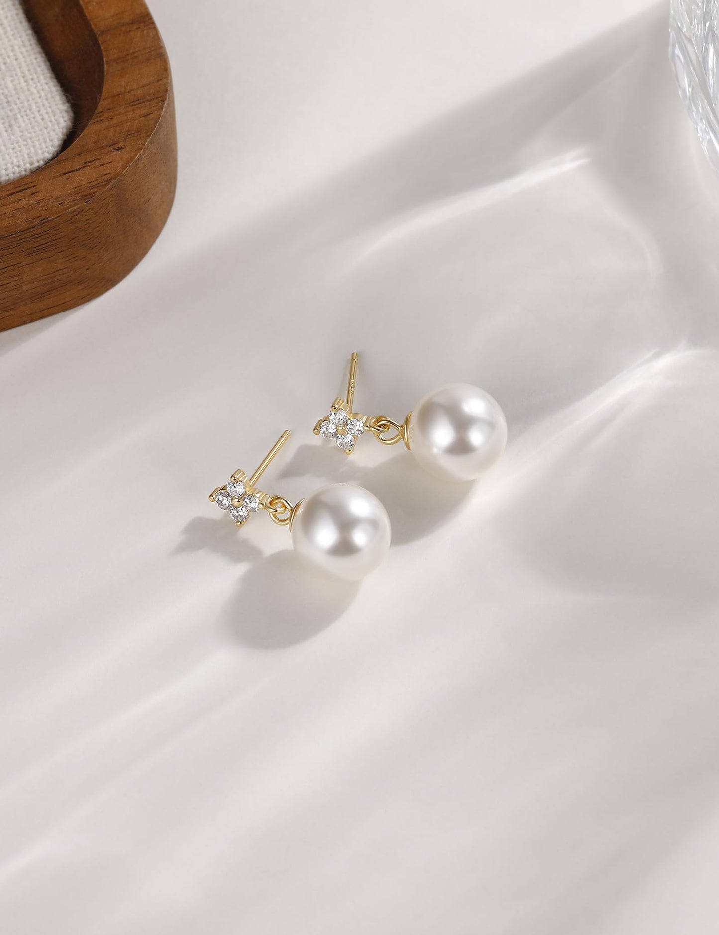 Mamelody Dangle Pearl Earrings for Women 925 Sterling Silver CZ 10MM Simulated White Pearl Stud Drop Earrings 14K Gold Plated Wedding Prom Jewelry Hypoallergenic