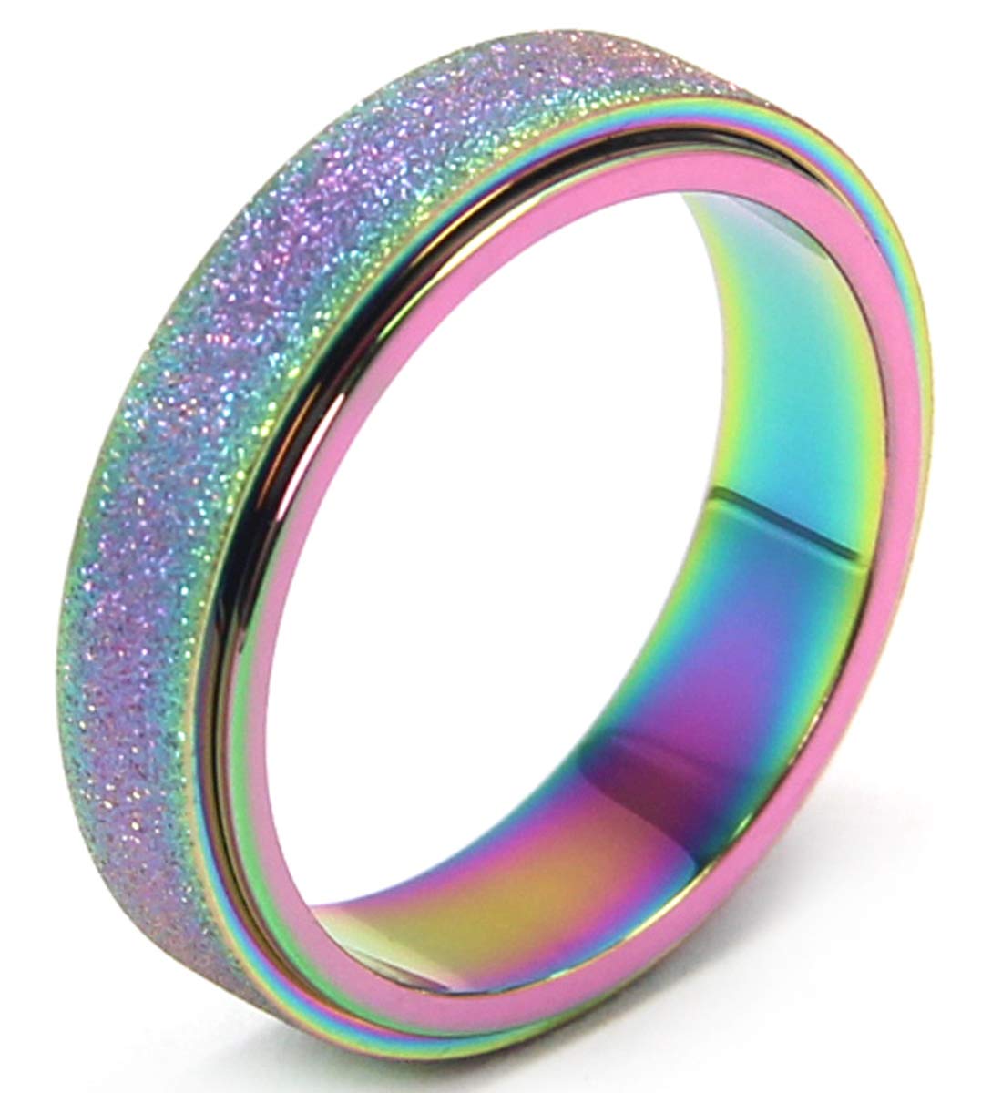 OreilleStar Anxiety Ring for Women Fidget Spinner Ring Fidget Toys Adults Titanium Stainless Steel Thumb Ring 6mm Wide Rainbow Size 9