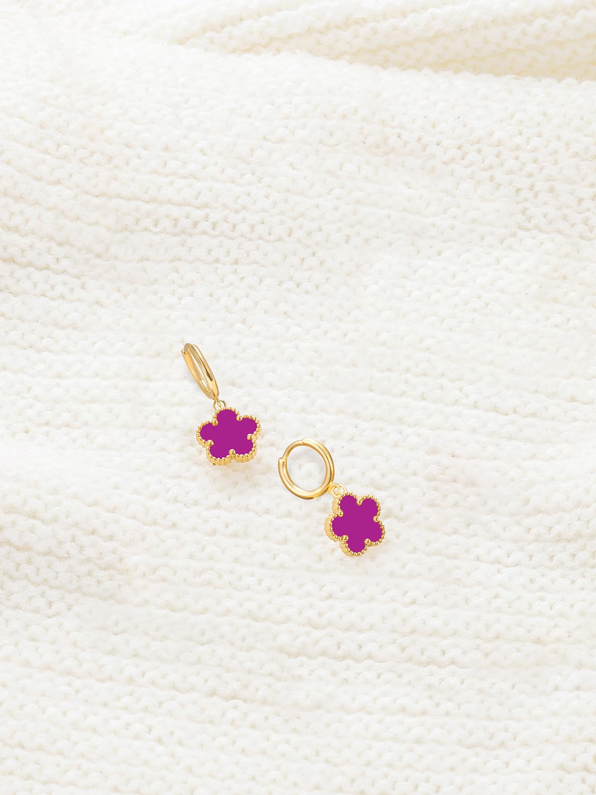 Gold Plated Five Leaf Clover Dangle Dot Earrings for Women Lucky Flower Jewelry (Purple-14K Gold Plated)