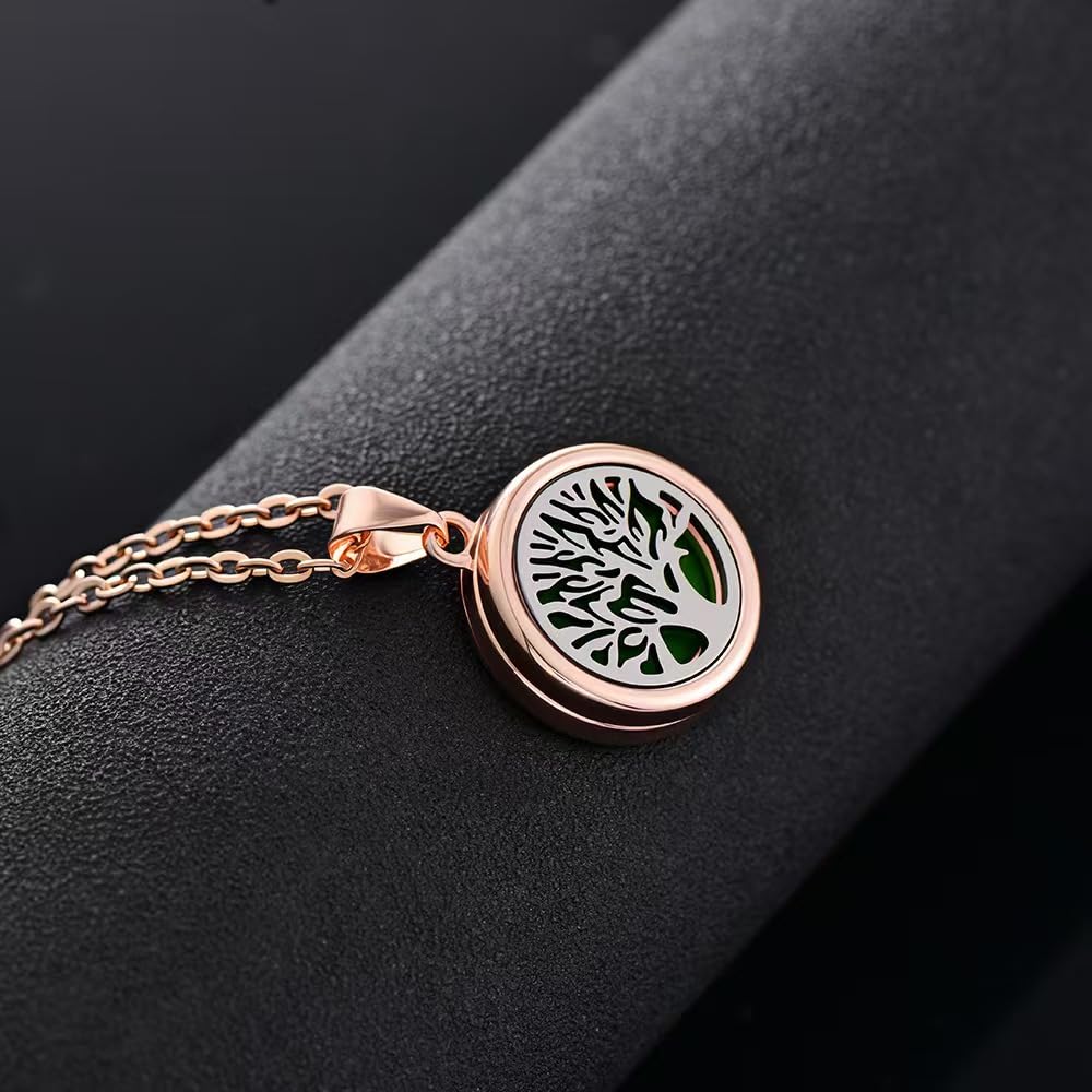 4-Piece Rose Gold Tree of Life Aromatherapy Necklace Set, Essential Oil Diffuser Pendant, Women's Stainless Steel Fragrance Jewelry, Includes Replacement Cotton Pads