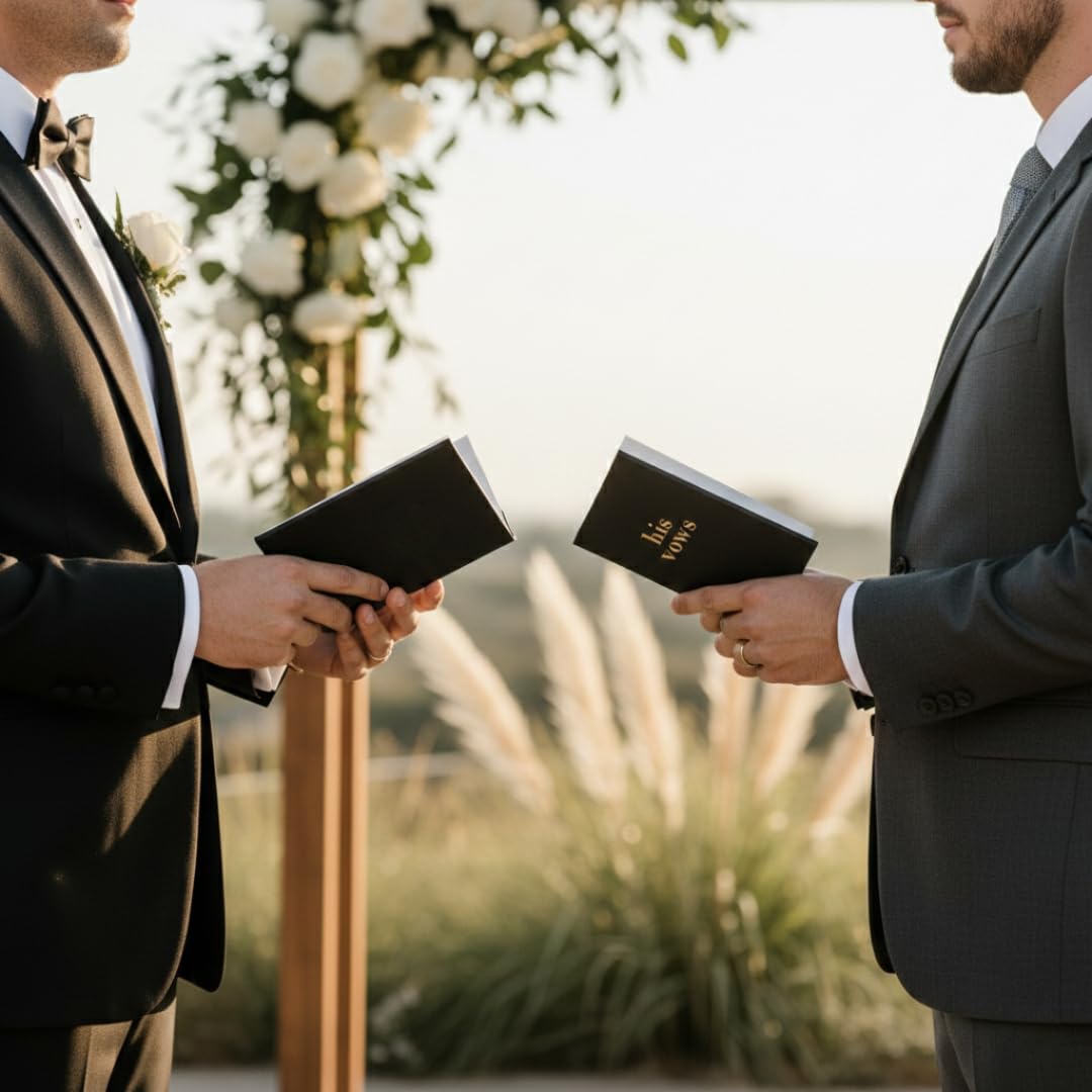 Pretty Robes LGBTQ Premium Leather Vow Books His and His Booklet - Wedding Stuff & Essentials for LGBTQ Wedding - Ideal Gift, Must Have Wedding Planning Books - Keepsafe Gay Couple (Black/Black)