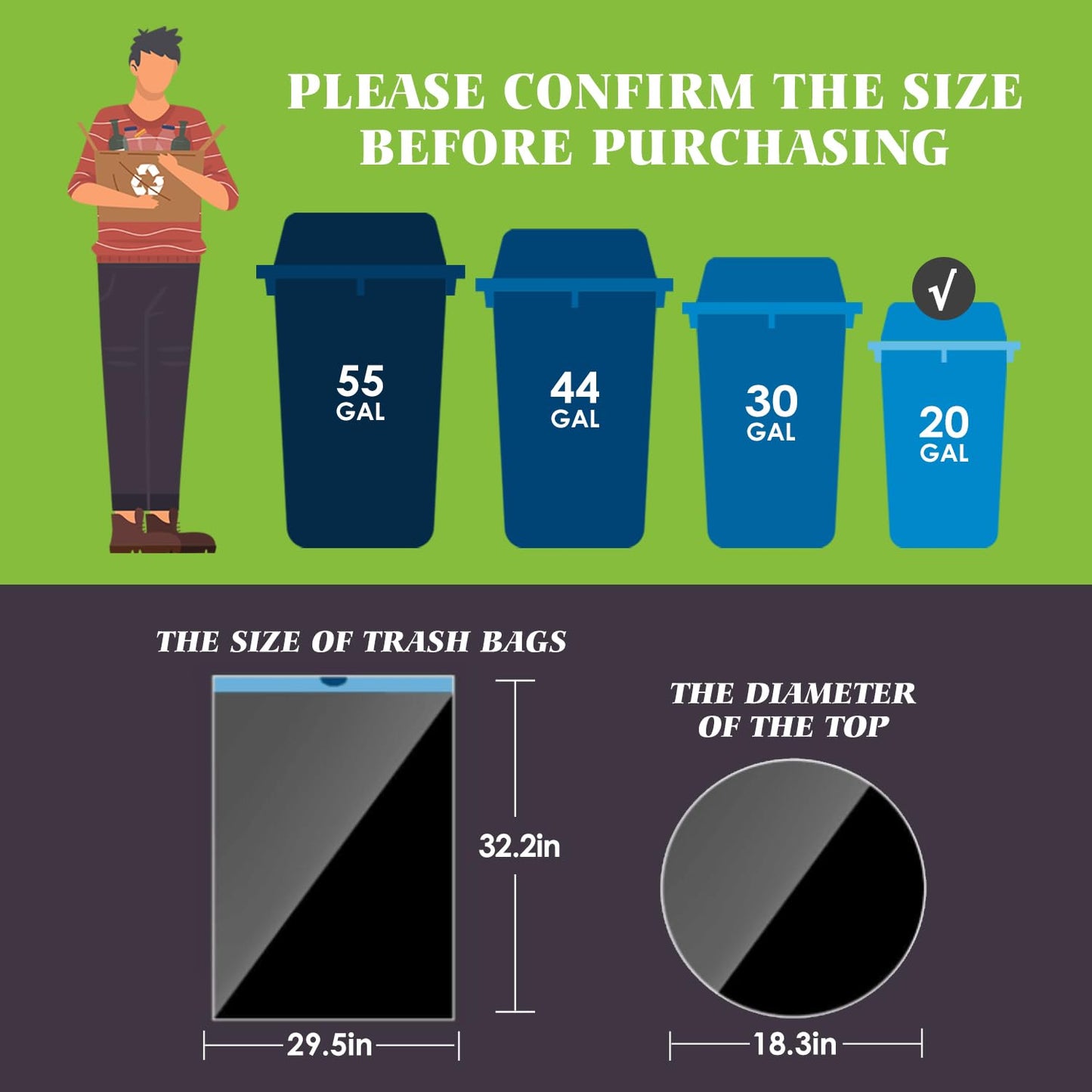 Teivio 20 Gallon 26 Counts Large Drawstring Trash Bags Strong Tall Kitchen Garbage Bags for Home/Office/Light Residential Waste/Outdoor Trash Can, Lawn,Trash Bin liners Black