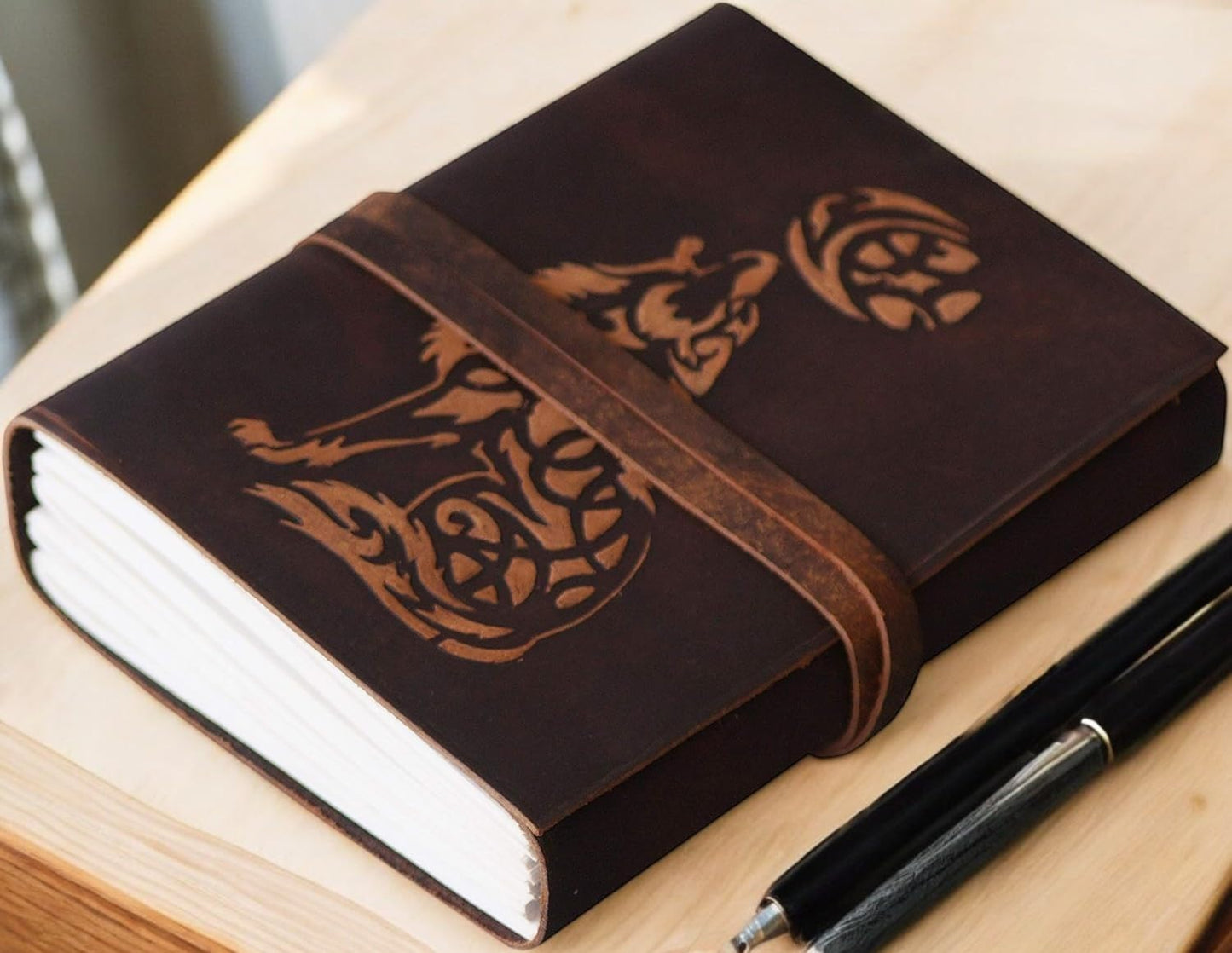 Wolf Leather Journal Book of Shadows Notebook Handmade Daily Notepads for Men & Women Blank Paper 7x5 Inches - Best Gift for Art Sketchbook, Notebook Wolf Lovers Unique Gifts For Mom ,Sister Gifts for Wife her ,Wolf Stuff Gifts for Men Women (Brown)