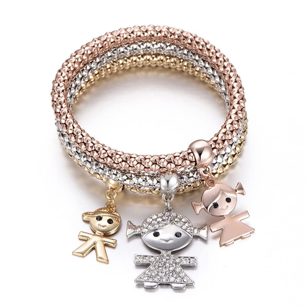 SILANER Crystal Charms Multilayer Bracelets - 3PCS Gold/Silver/Rose Gold Corn Chain Bracelet for Women, Tree of Life Heart Shaped Stretch Bracelet (Mom and Daughter)