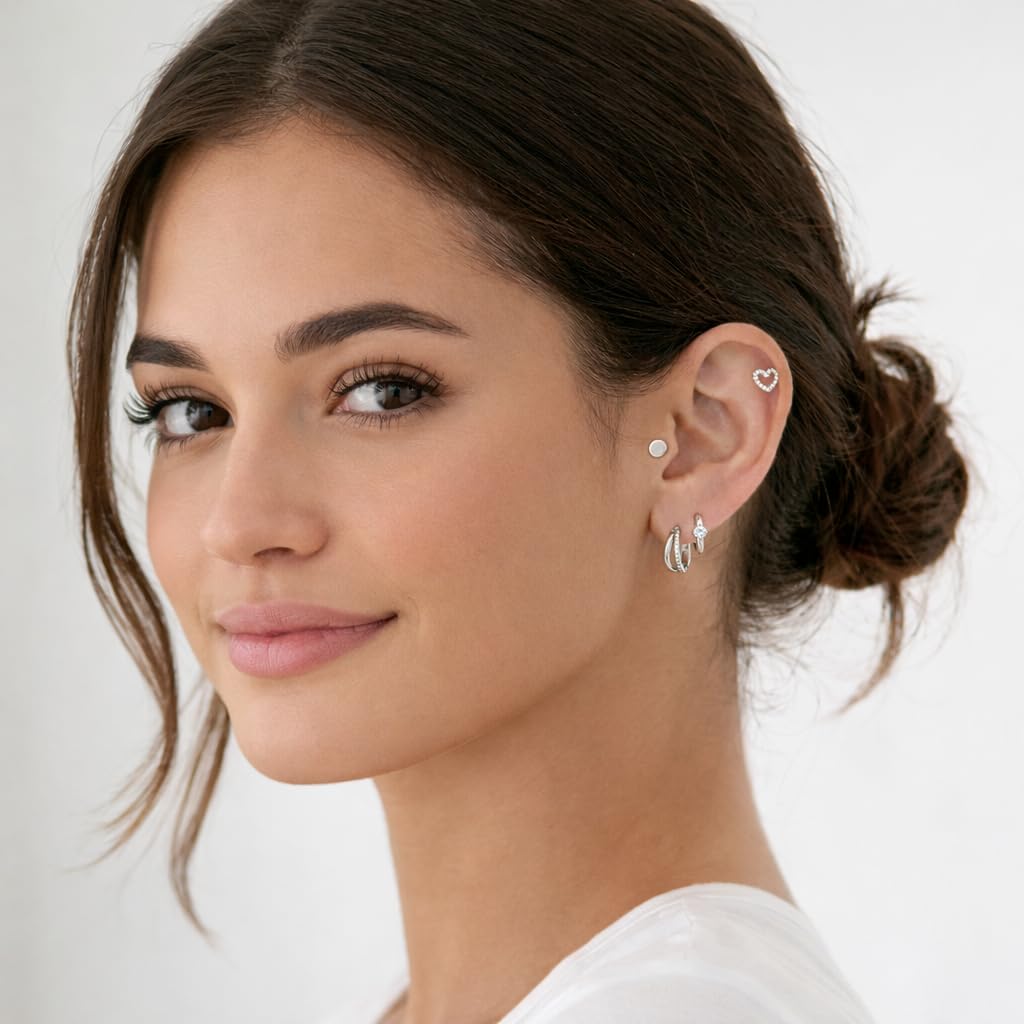 Nunpag 9 Pairs Hypoallergenic Trendy Silver Flat Back Earrings for Women CZ Stones Studs Earring Circle Heart Clover Hoop Earrings Stainless Steel Jewelry Gift for Sensitive Ears