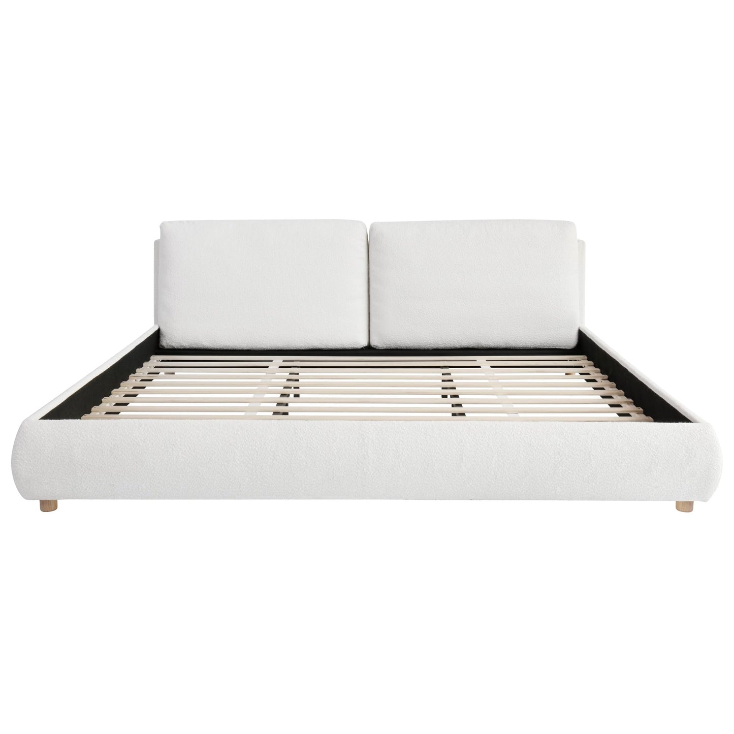 Merax King Size Boucle Fabric Upholstered Platform Bed with Two Removable Pillow Headboard, Wood Bed Frame with Solid Round Legs for Kids Teens Adults, White
