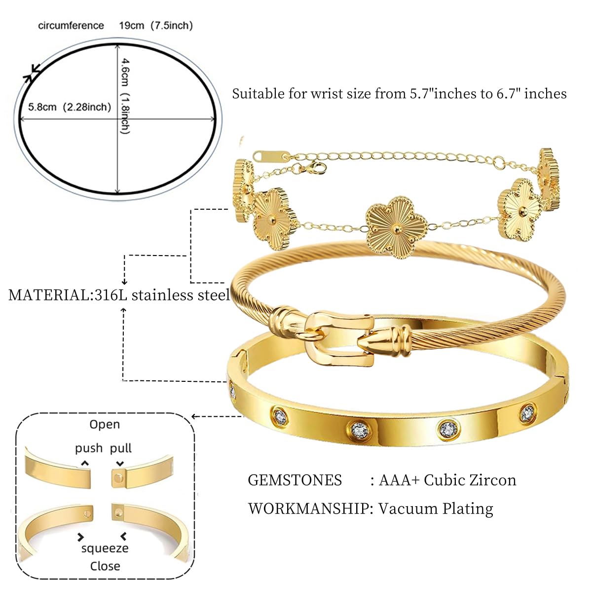 Belt Buckle Bracelets set for Women 3Pcs Stackable Love Bangle 18K Gold Plated Clovers Bracelet Floral Bracelet Set Trendy Gifts for Women