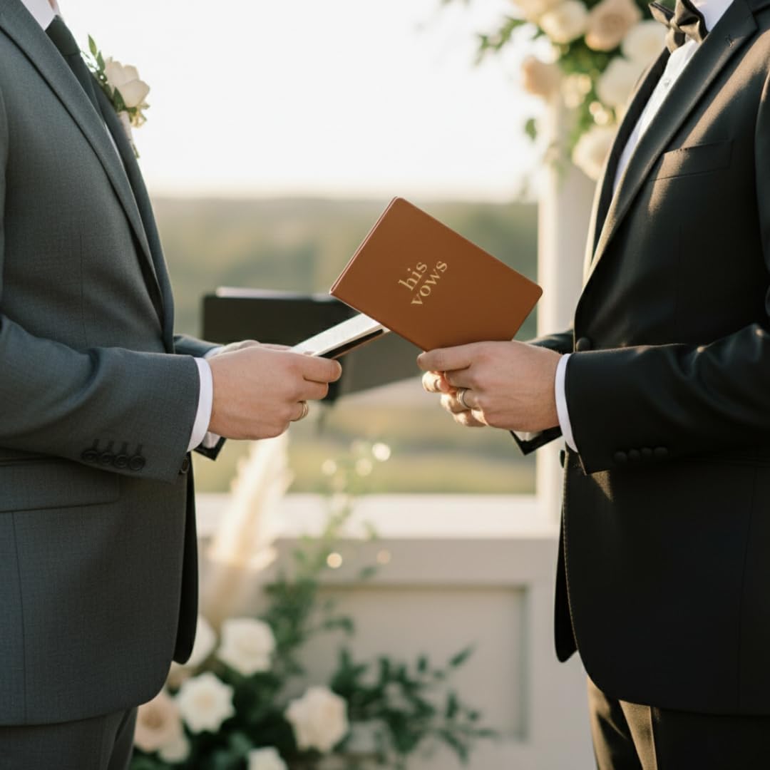 Pretty Robes LGBTQ Premium Leather Vow Books His and His Booklet - Wedding Stuff & Essentials for LGBTQ Wedding - Ideal Gift, Must Have Wedding Planning Books - Keepsafe Gay Couple (Brown/Brown)