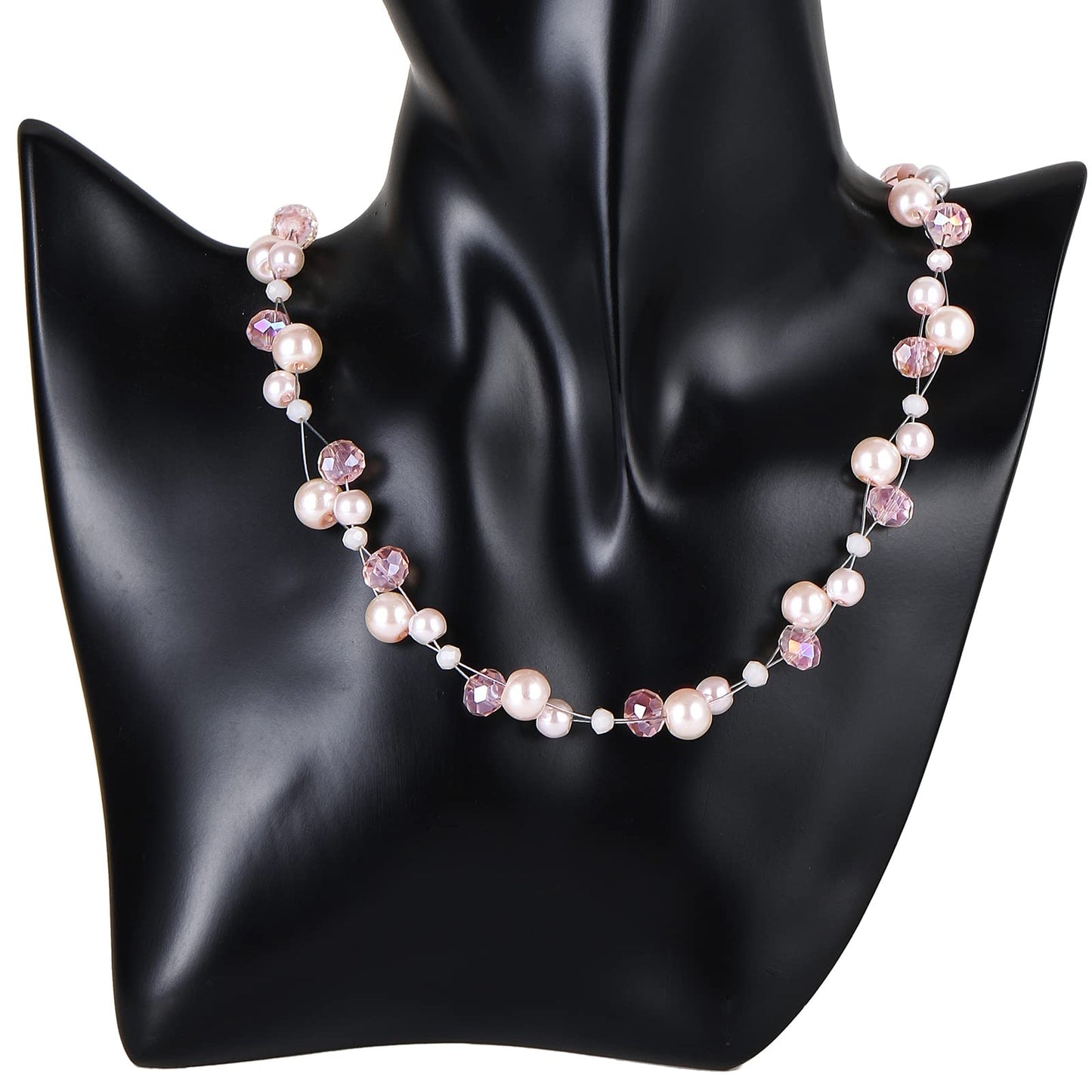 Short Beaded Turquoise Necklace For Women - Fashion Jewelry with Pearl and Crystal Bead, Birthday Gifts For Women (27-light pink)
