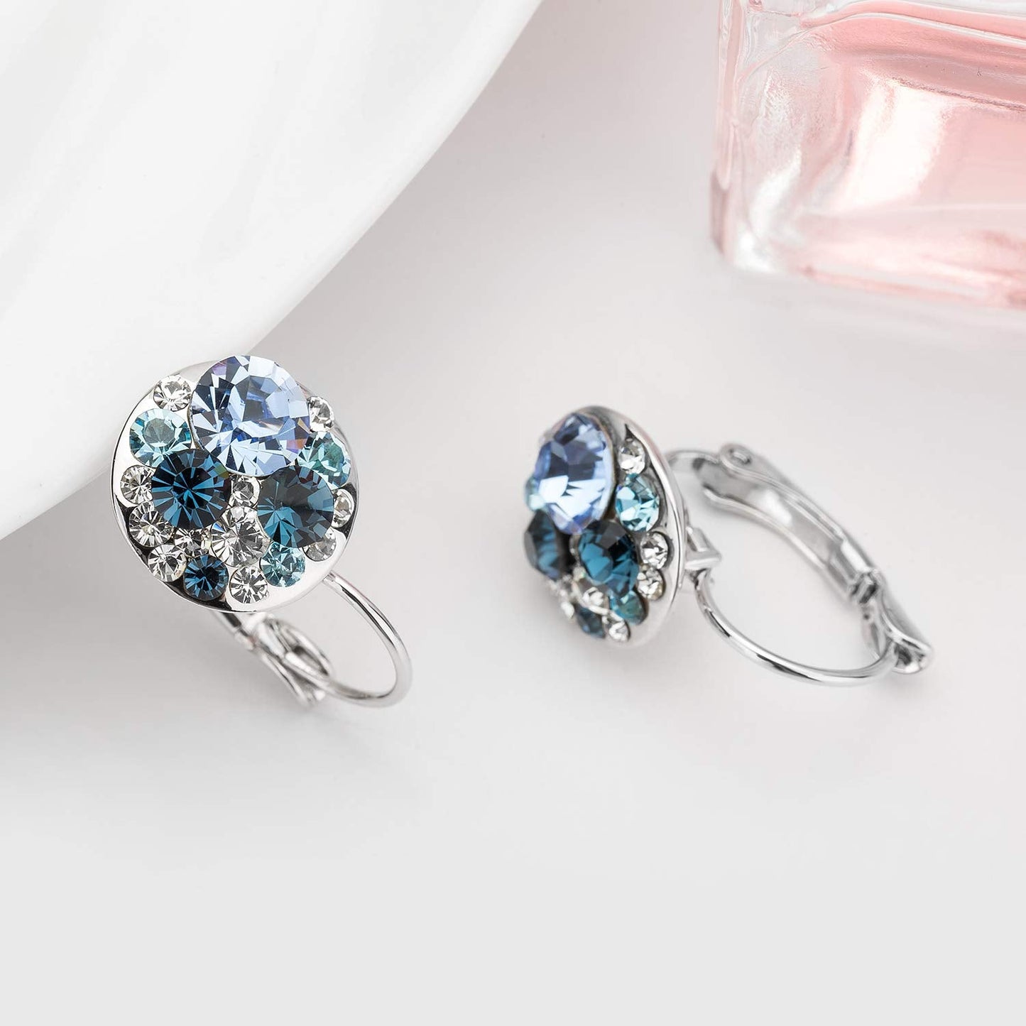 Multicolored Austrian Crystal Earrings for Women 14K Gold Plated Leverback Dangle Hoop Earrings (Blue Main Crystal/Silver-tone)